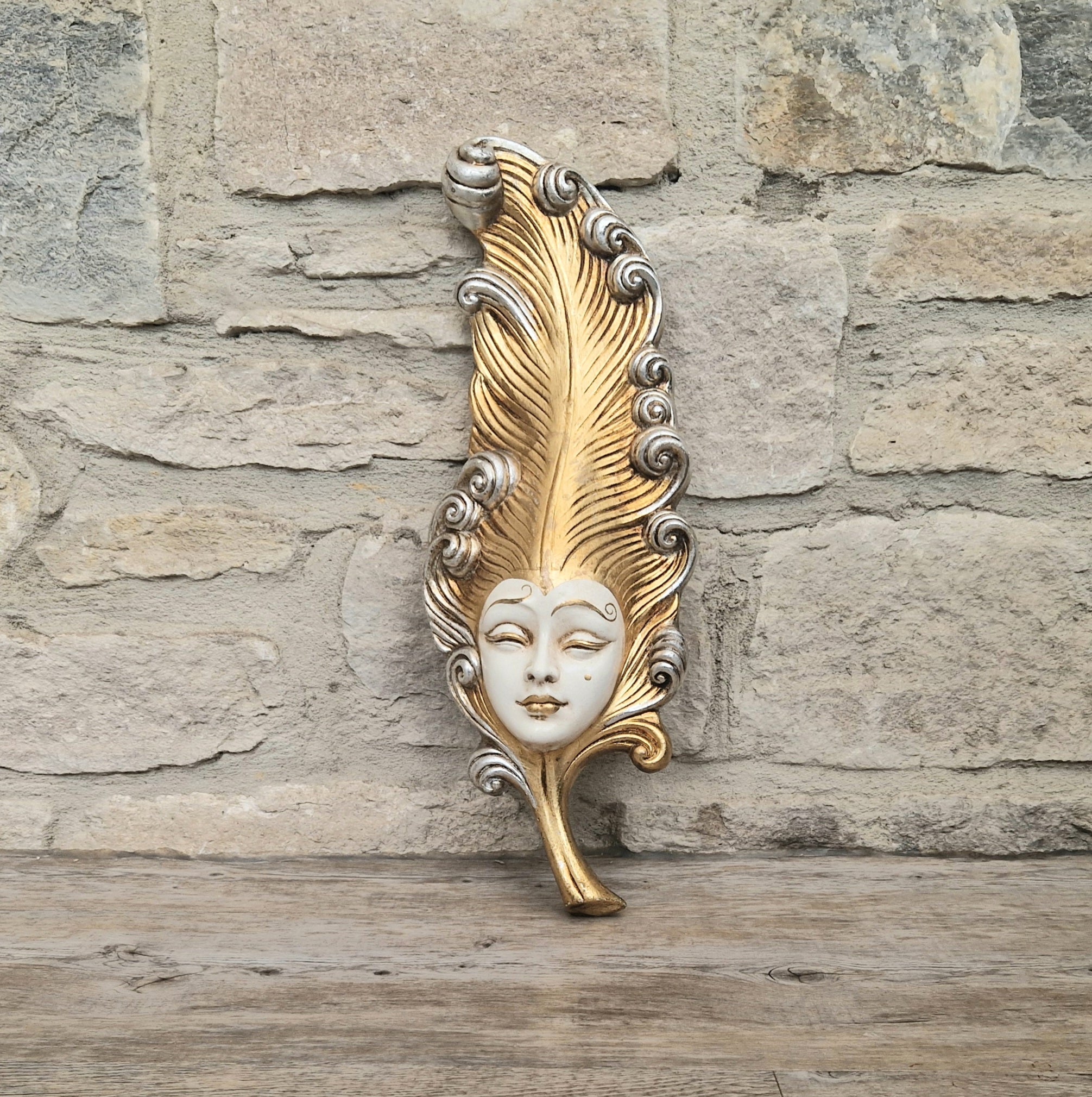 Vintage Venetian Wall Mask Feather Leaf Ceramic Gold Silver Made Italy 38cm Long