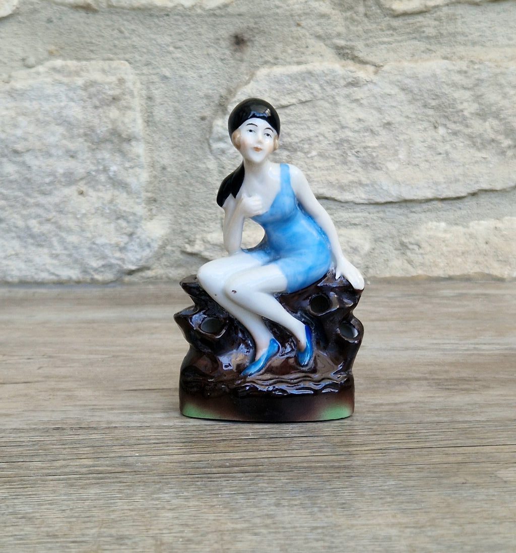 Art Deco Flapper Girl Bathing Belle Figure Ornament Ceramic Hat Pin Holder Continental 1930's