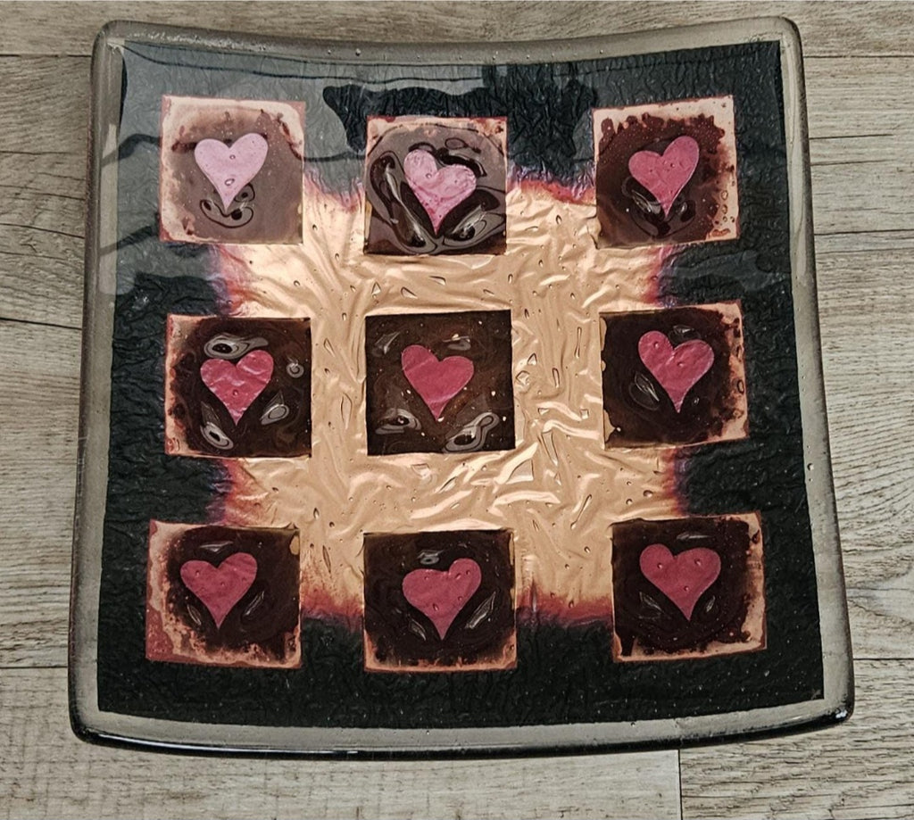 Art Glass Large Love Heart Fused Glass Curved Square Centrepiece 19cm Square