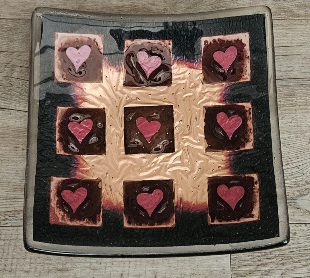 Art Glass Large Love Heart Fused Glass Curved Square Centrepiece 19cm Square