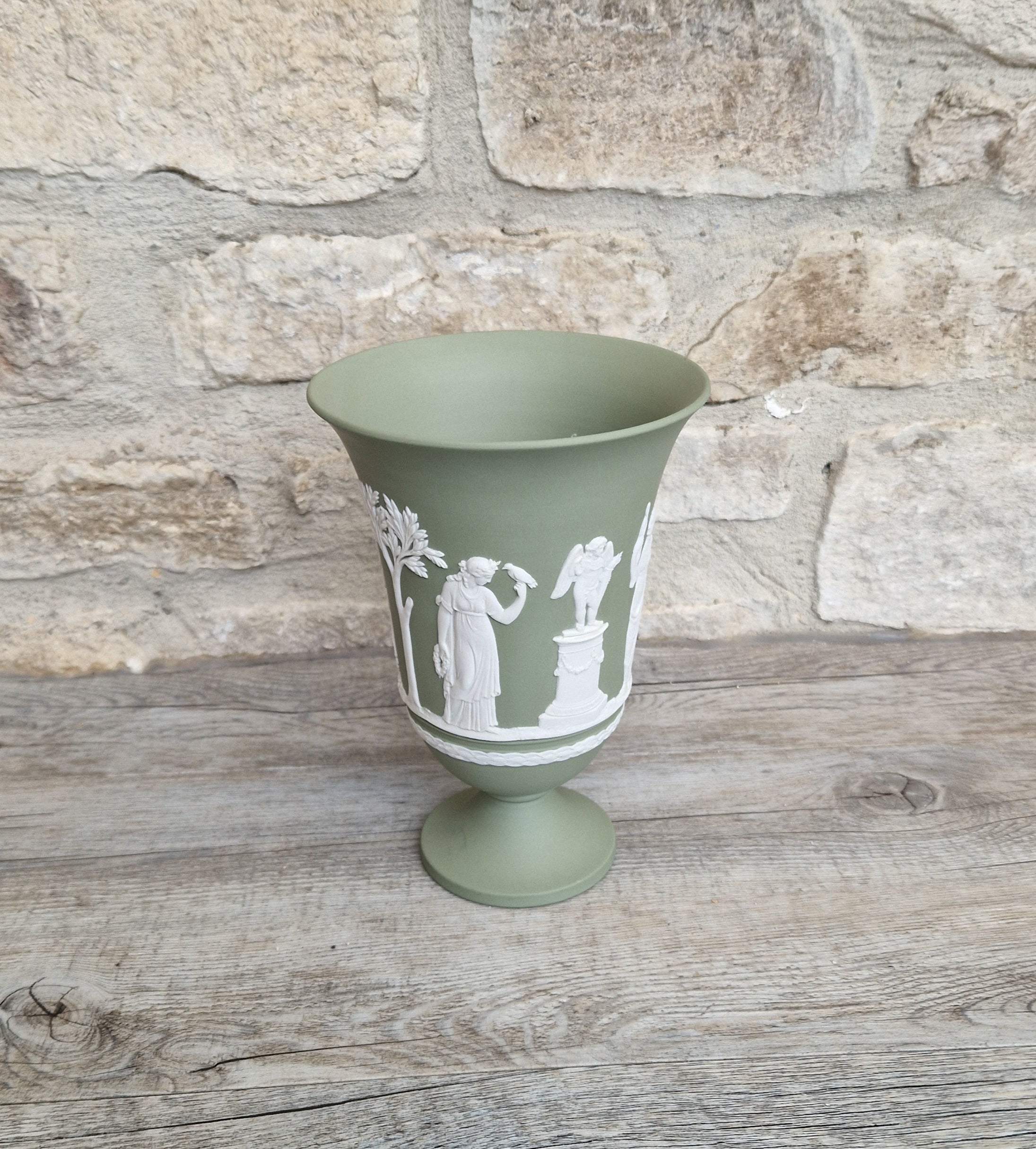 Wedgwood Sage Green Jasperware Arcadian Pedestal Trumpet Mantle Vase - Vintage.Made in England 17cm Tall