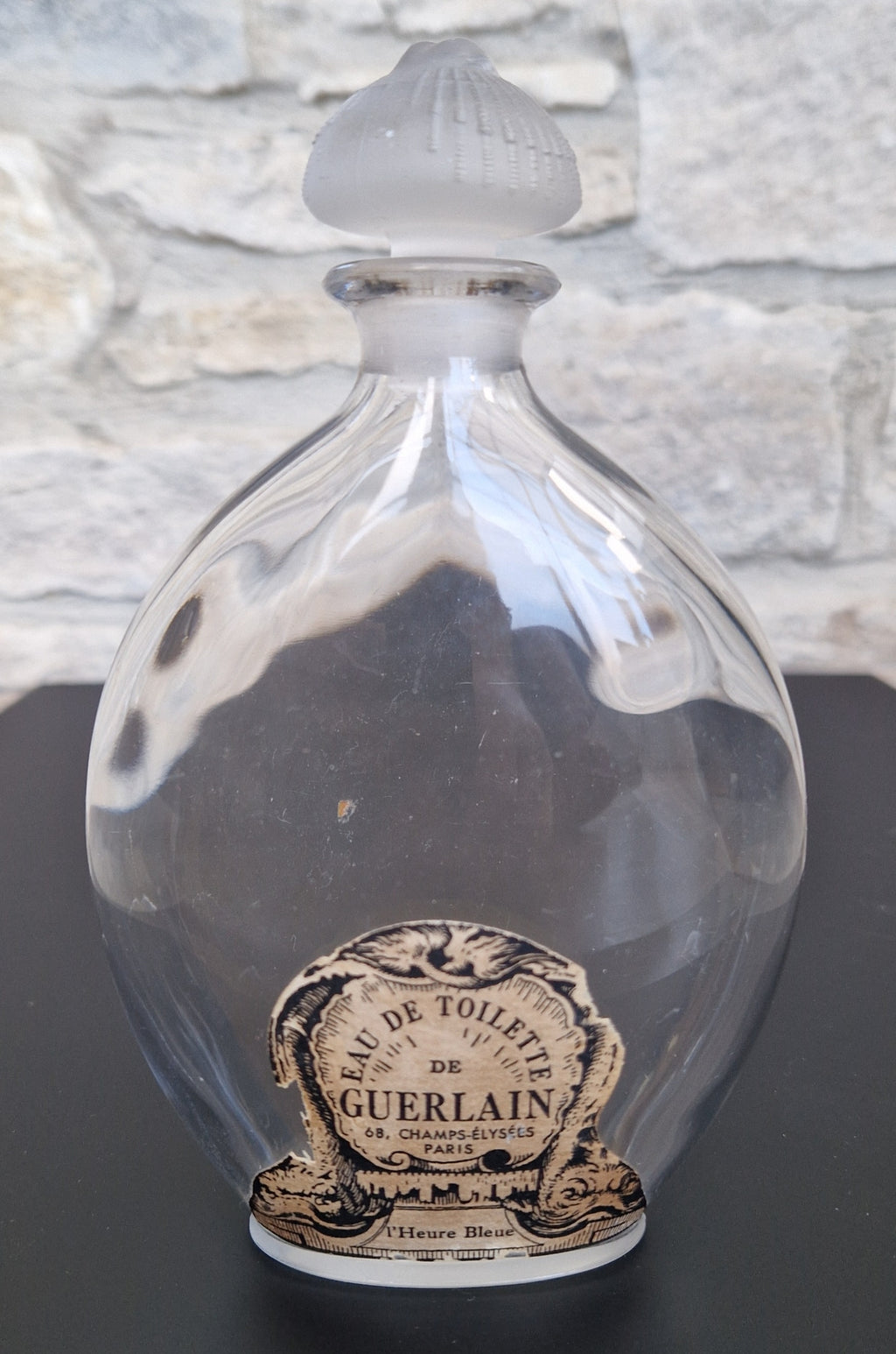 Guerlain Glass Perfume Bottle Dolphin Paper Label Frosted Stopper L'Heure Bleue 'Flacon Goutte' Empty 16.5cm