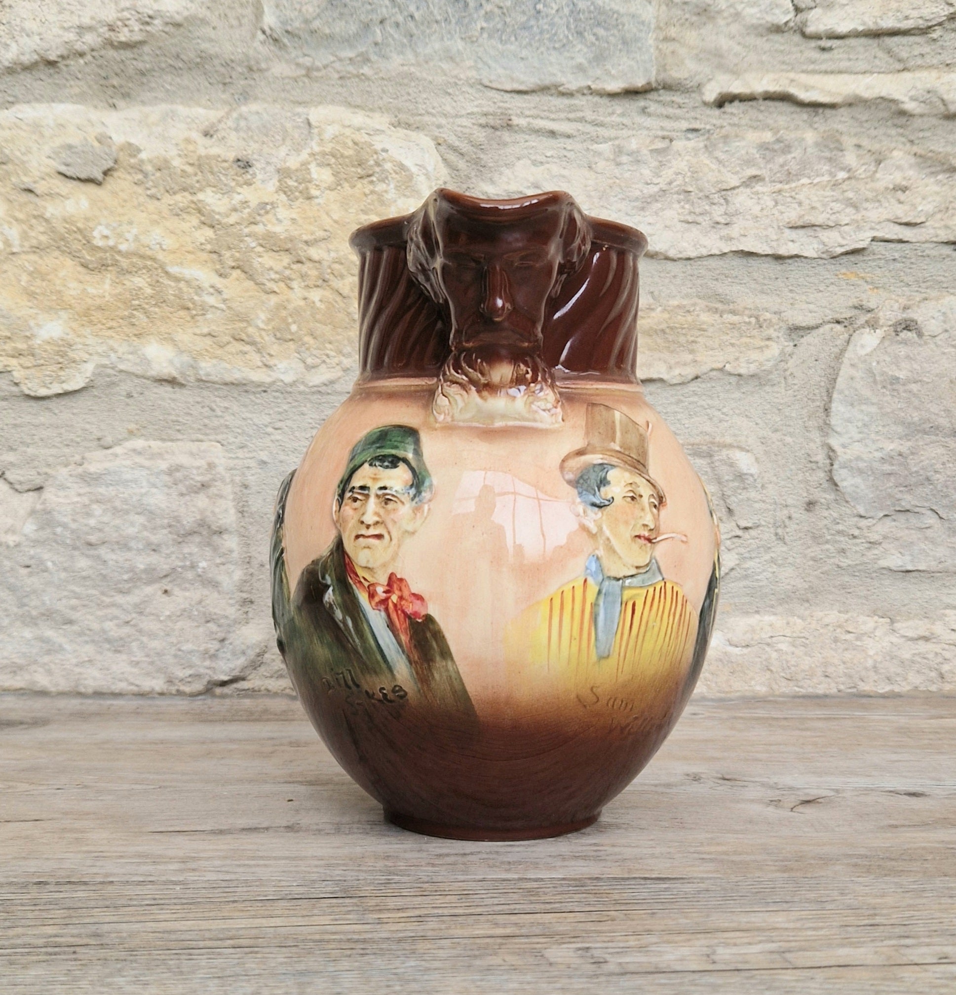 Royal Doulton Charles Dickens Pitcher: Antique Raised Relief Ceramic Jug Made in England