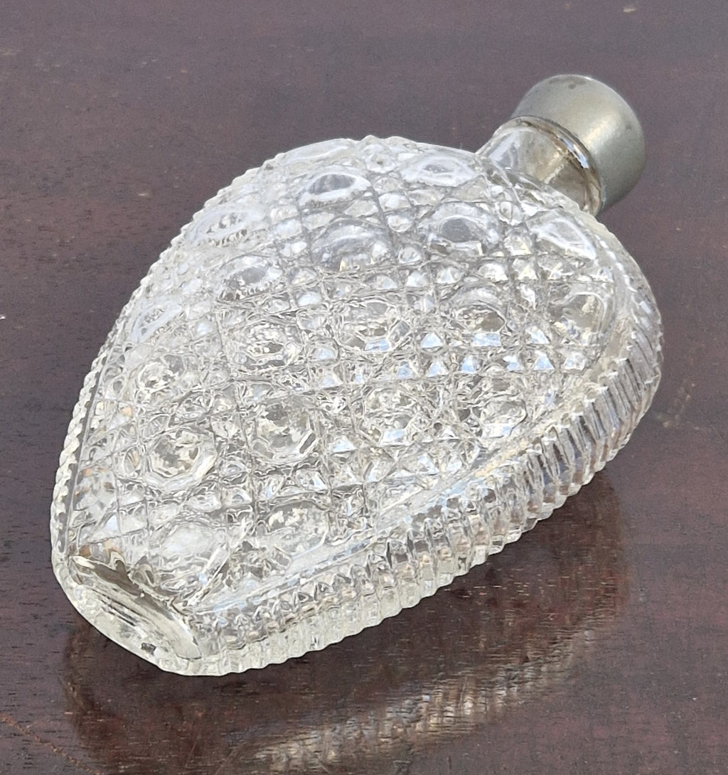 Antique Victorian Pressed Glass Heart Perfume Bottle Pocket Scent Flask Original Cap