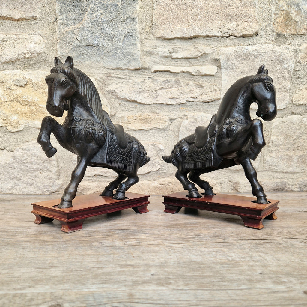 Fine Pair of Vintage Heavy Cast Bronze Tang-Style Chinese Horse Sculptures On Wooden Plinths