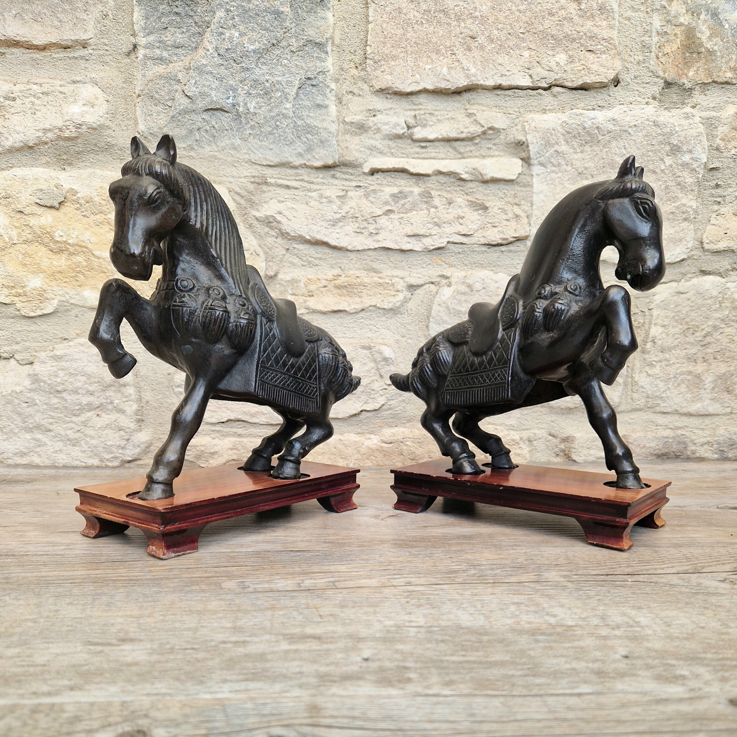 Fine Pair of Vintage Heavy Cast Bronze Tang-Style Chinese Horse Sculptures On Wooden Plinths