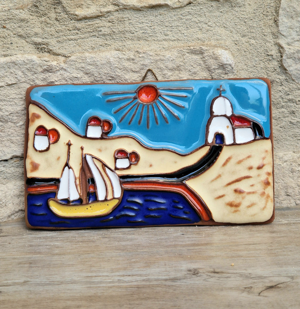 Vintage Dedallos Co Greek Ceramic Wall Plaque Handmade Mediterranean Souvenir Tile
