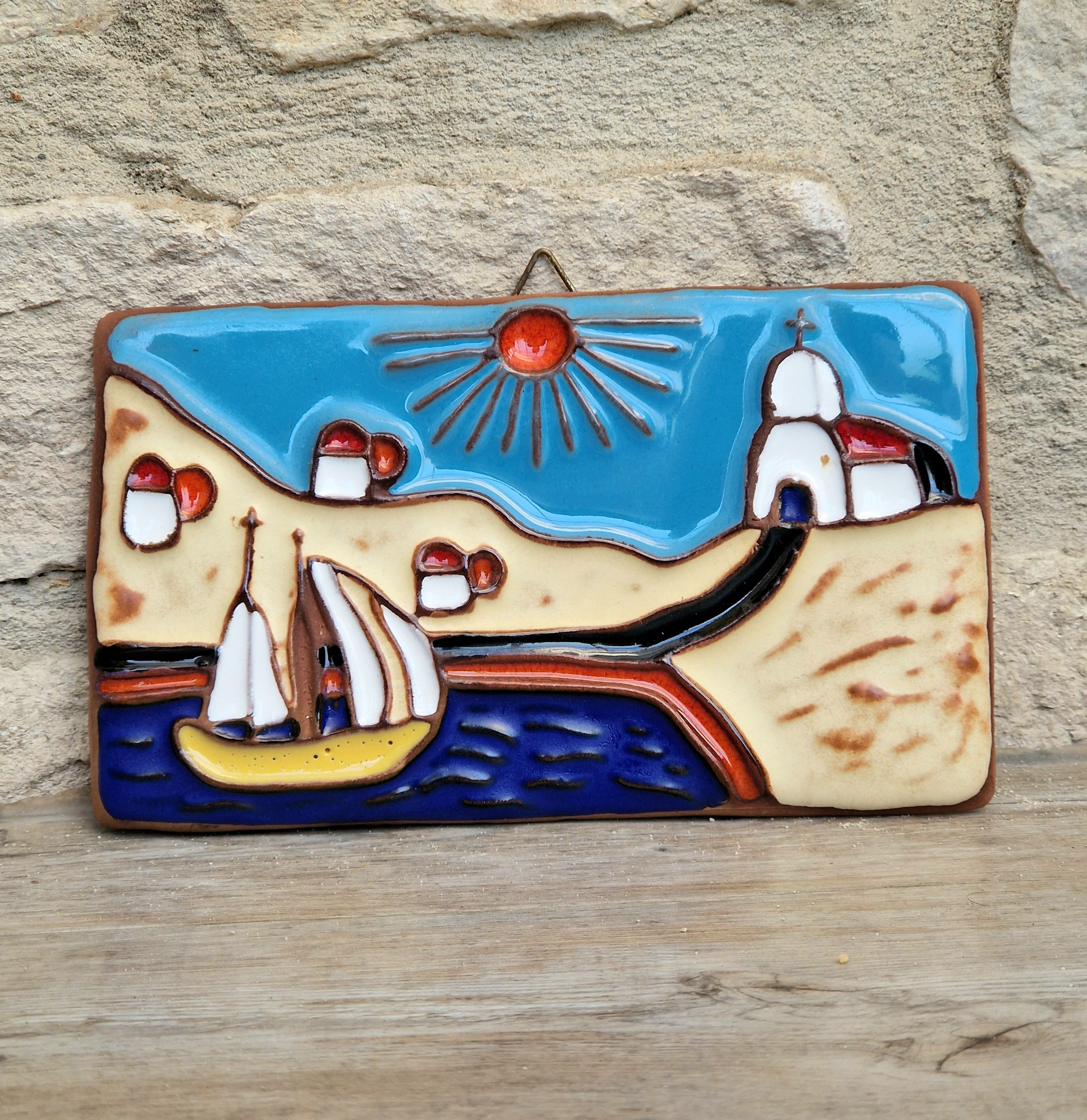 Vintage Dedallos Co Greek Ceramic Wall Plaque Handmade Mediterranean Souvenir Tile