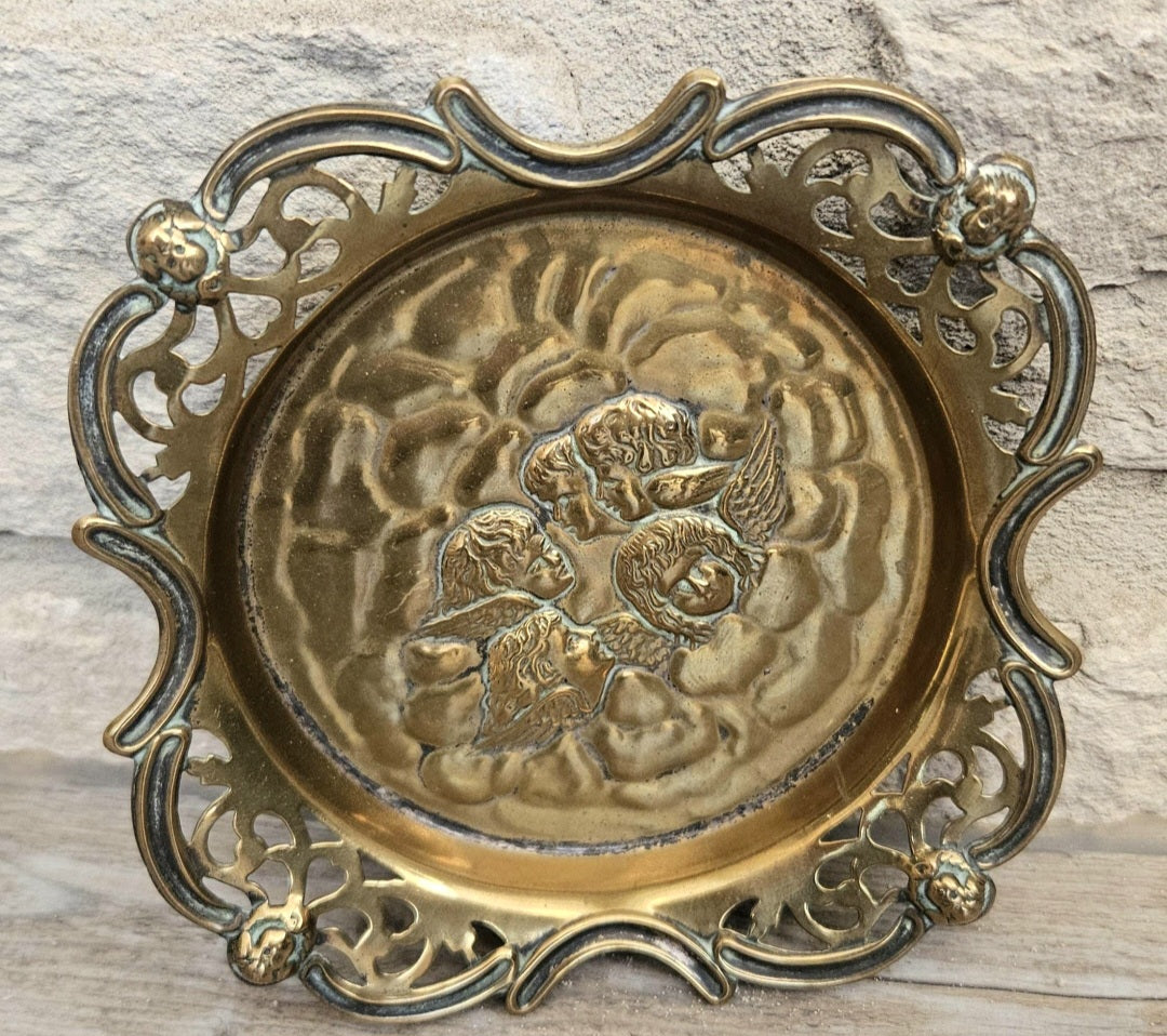 Antique Repoussé Brass Card Tray or Pin Dish "A Child's Angels" (Reynolds Angels) motif 14cm