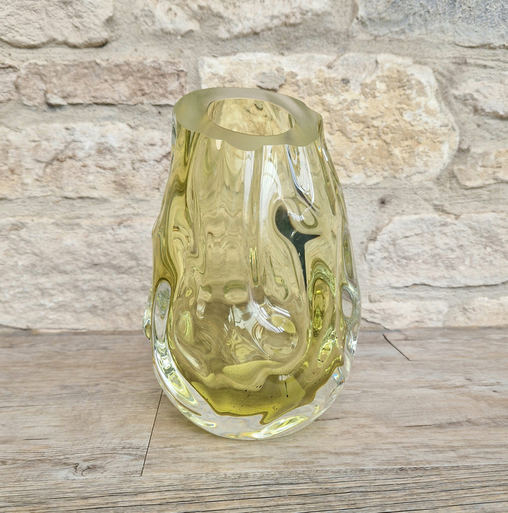 Murano Burri Glass Asymetrical Vase Light Olive Green Heavy Textured Vintage