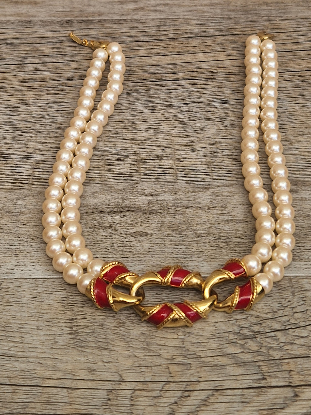 Vintage Double Strand Faux Pearl Necklace with bold gold and red enamel Statement Embellished Richelieu 40cm