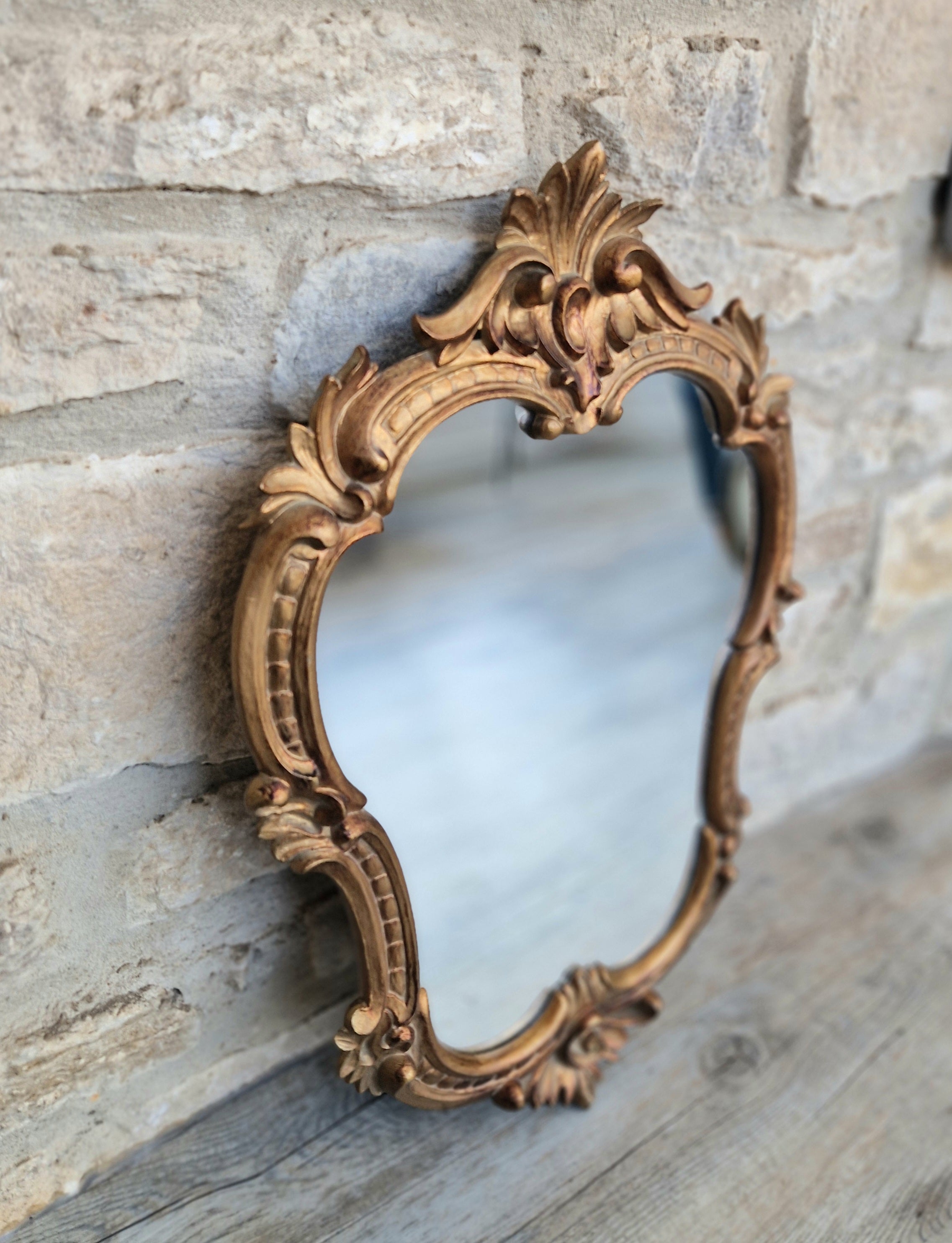 Vintage Italian Ornate Rococo Style Gilded Gold Wall Mirror 51cm x 35cm Stamped Italy