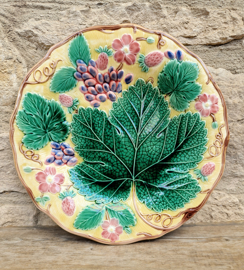 Rare Vintage Wedgwood Majolica Yellow Ground Strawberry Vine Plate 1930s English Pottery Exceptional Condition Grape Leaf & Berries