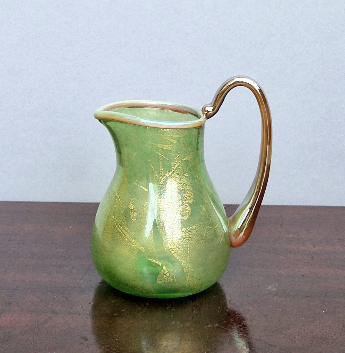 Antique Probable Salviati Dott. Murano Glass Jug, Green Gold Leaf, Venetian c.1875–1890, Handblown 13.5cm Rare