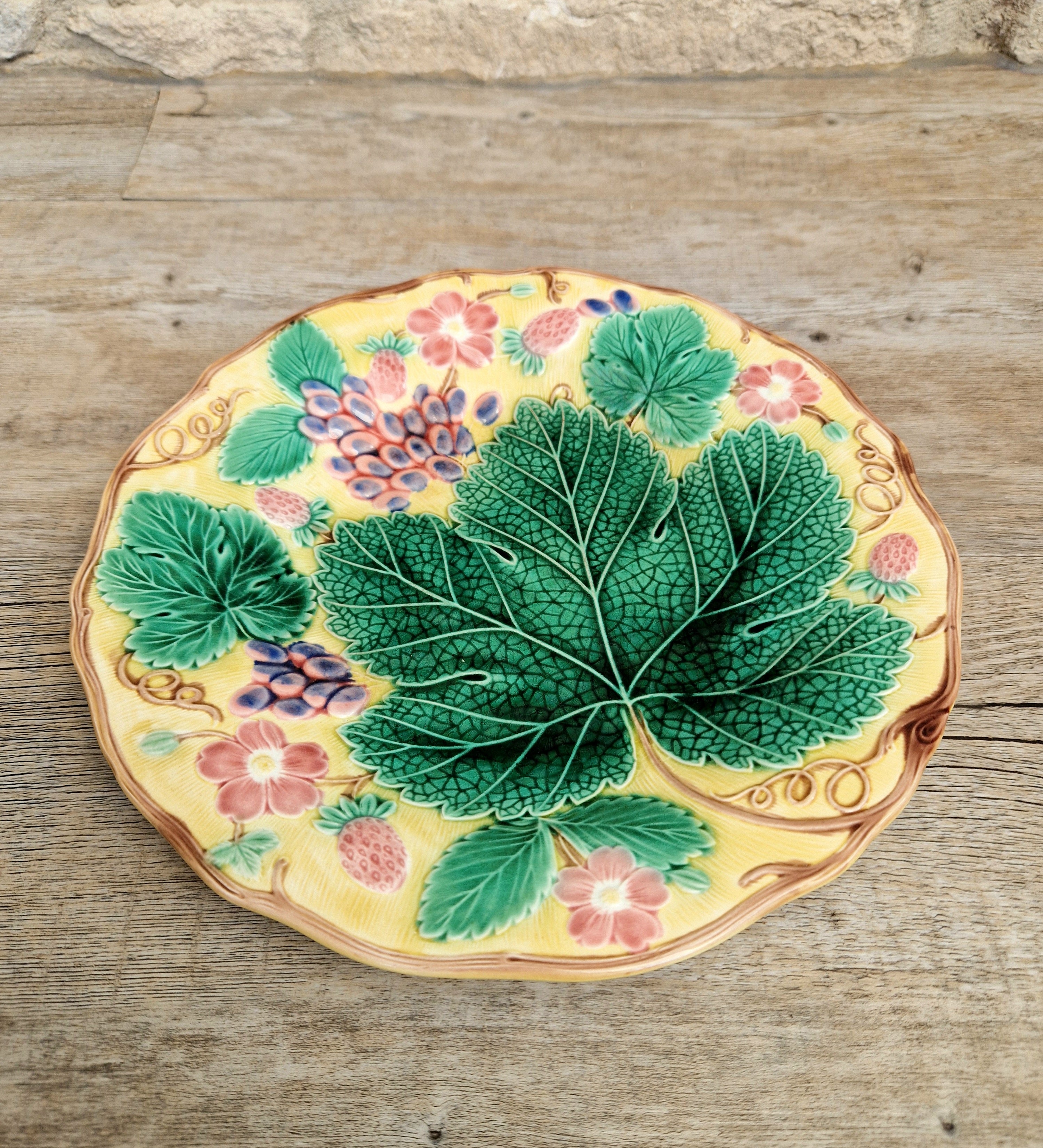 Rare Vintage Wedgwood Majolica Yellow Ground Strawberry Vine Plate 1930s English Pottery Exceptional Condition Grape Leaf & Berries