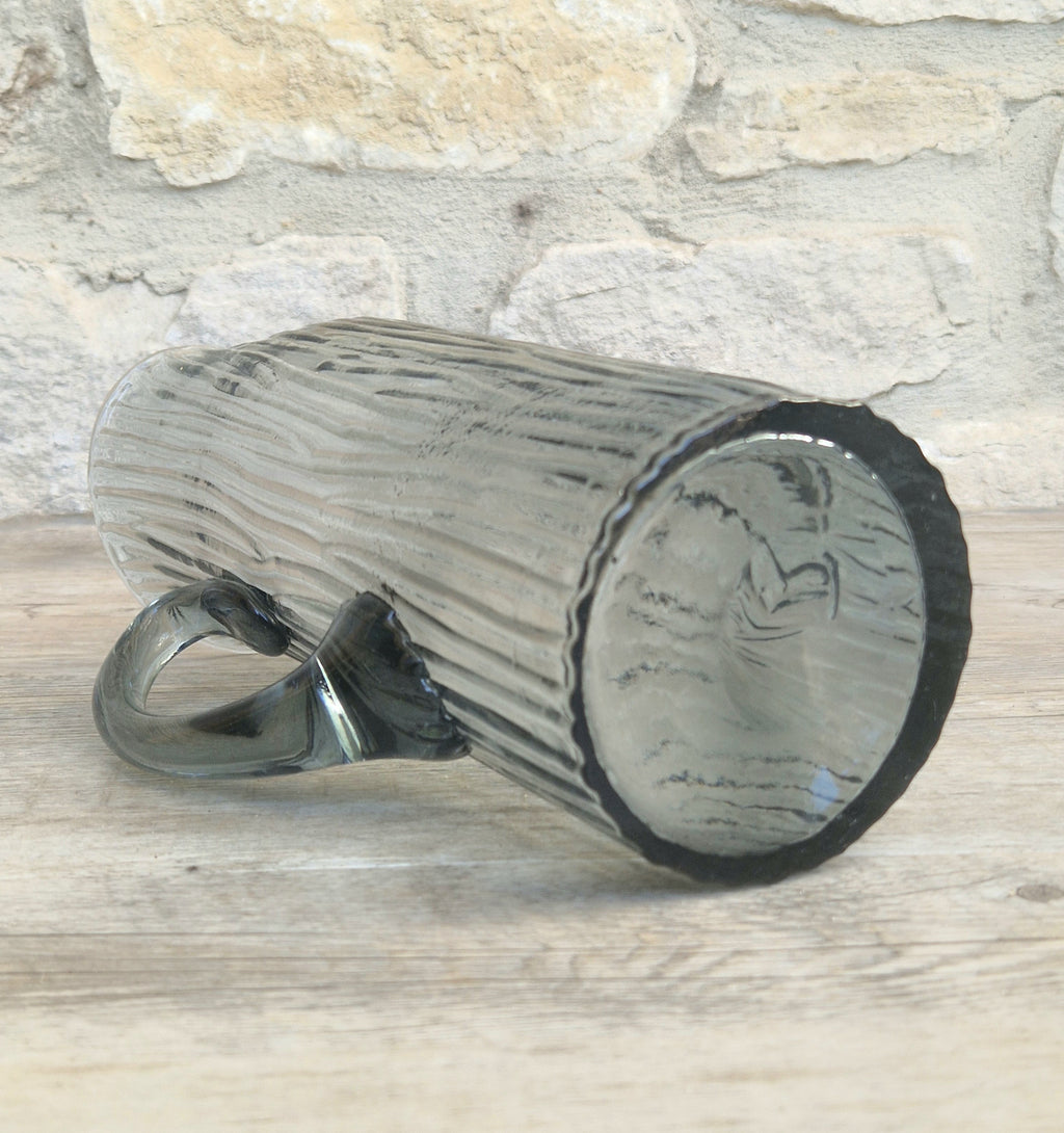 Björkshult Glassworks Sweden Hand Blown Mid Century Textured Smoke Glass 'Viking Pitcher Large