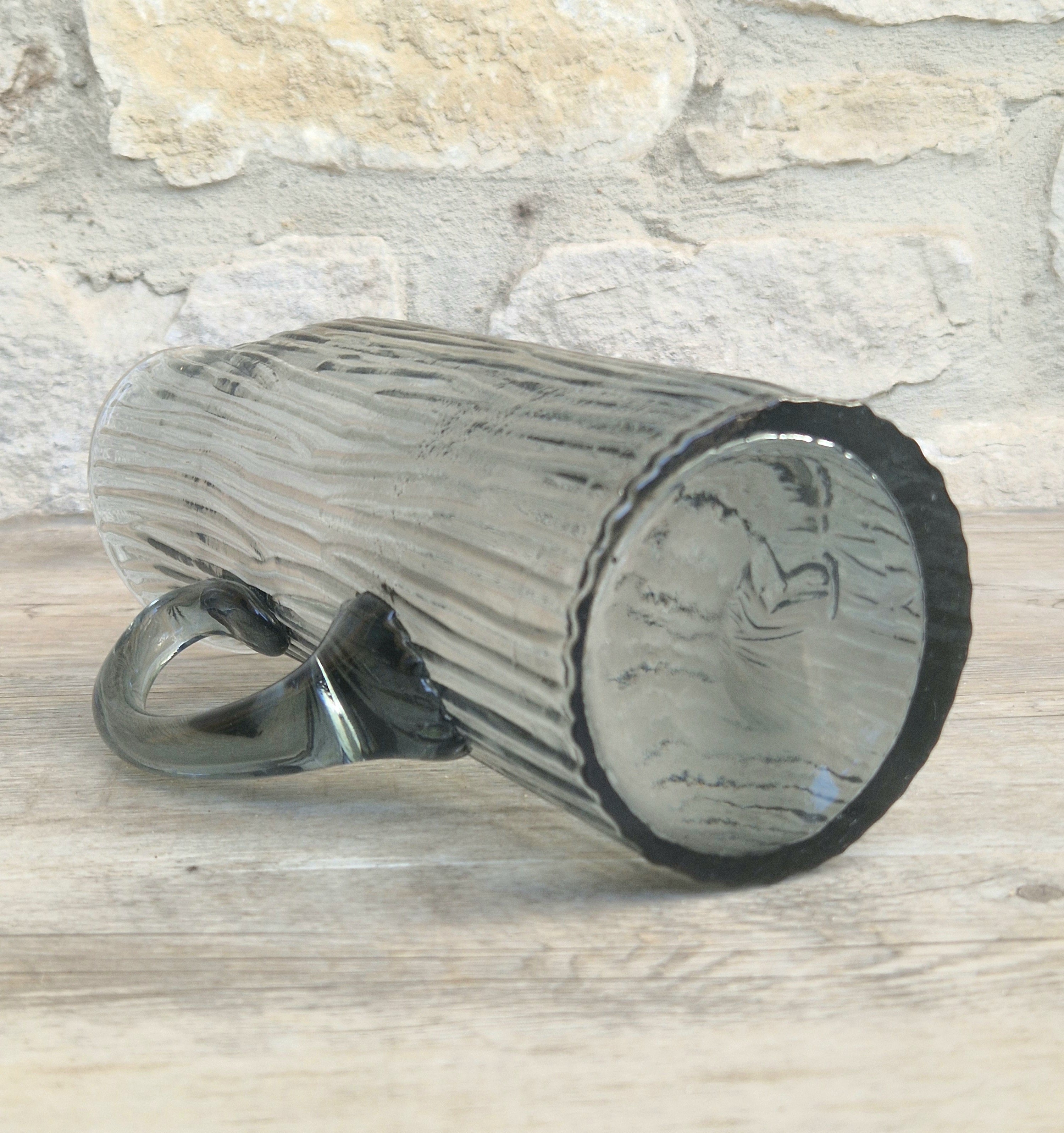 Björkshult Glassworks Sweden Hand Blown Mid Century Textured Smoke Glass 'Viking Pitcher Large
