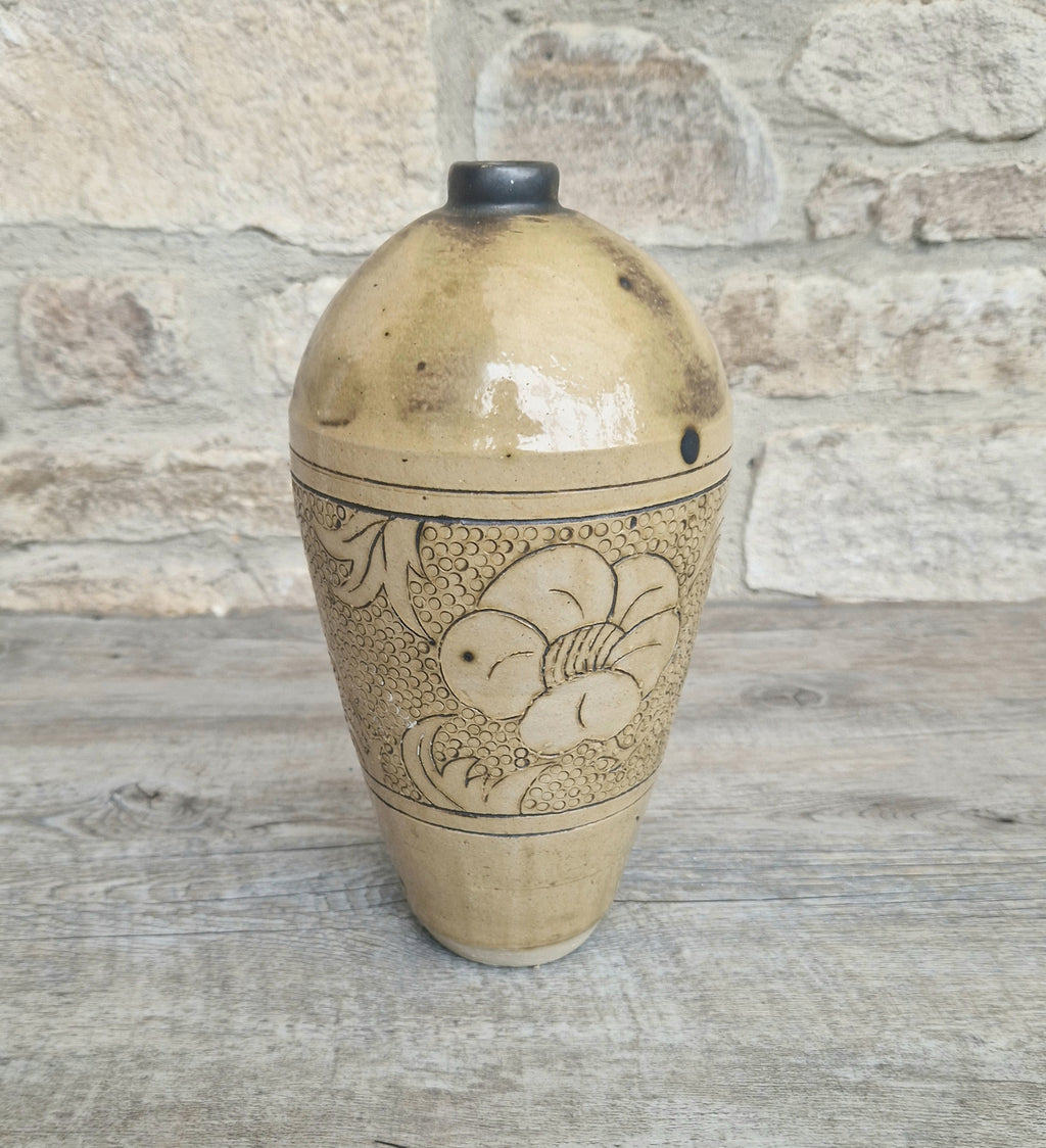 Large Chinese Cizhou Ware Meiping Style Stoneware Vase With Incised Floral Motif Design