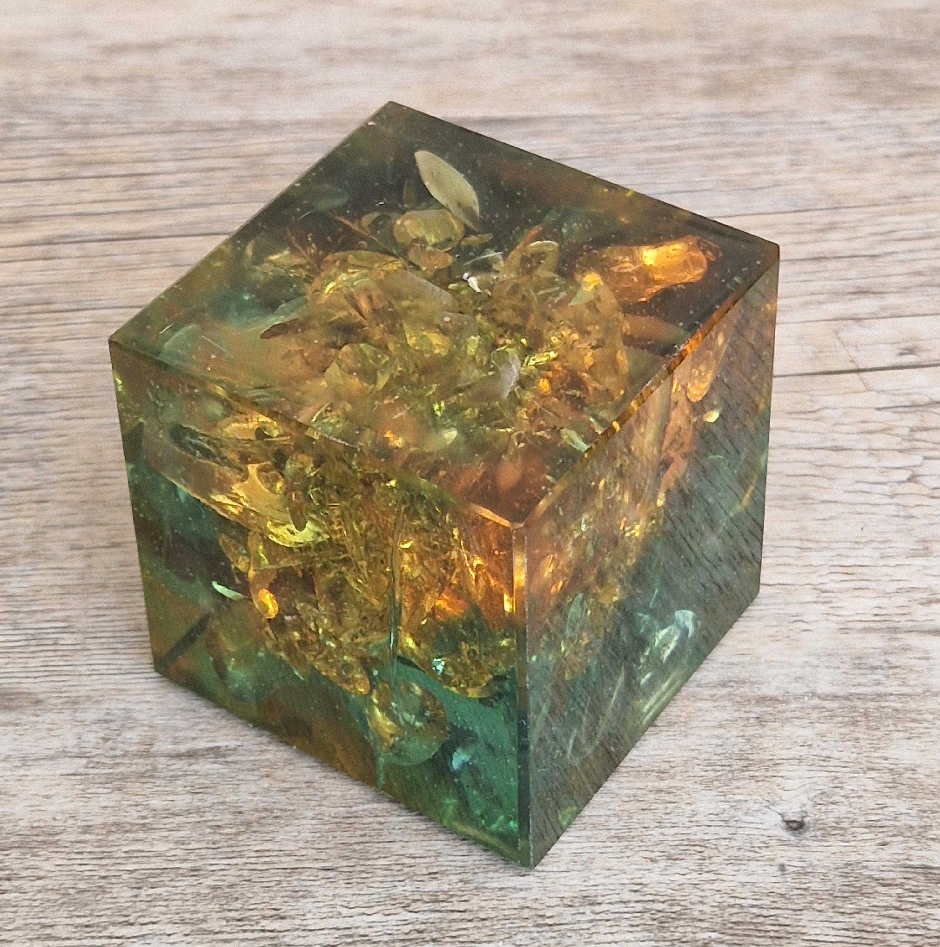 Vintage 1960s Shattaline Resin Cube Paperweight Amber Green Fractured Ice Mid Century Desk Ornament