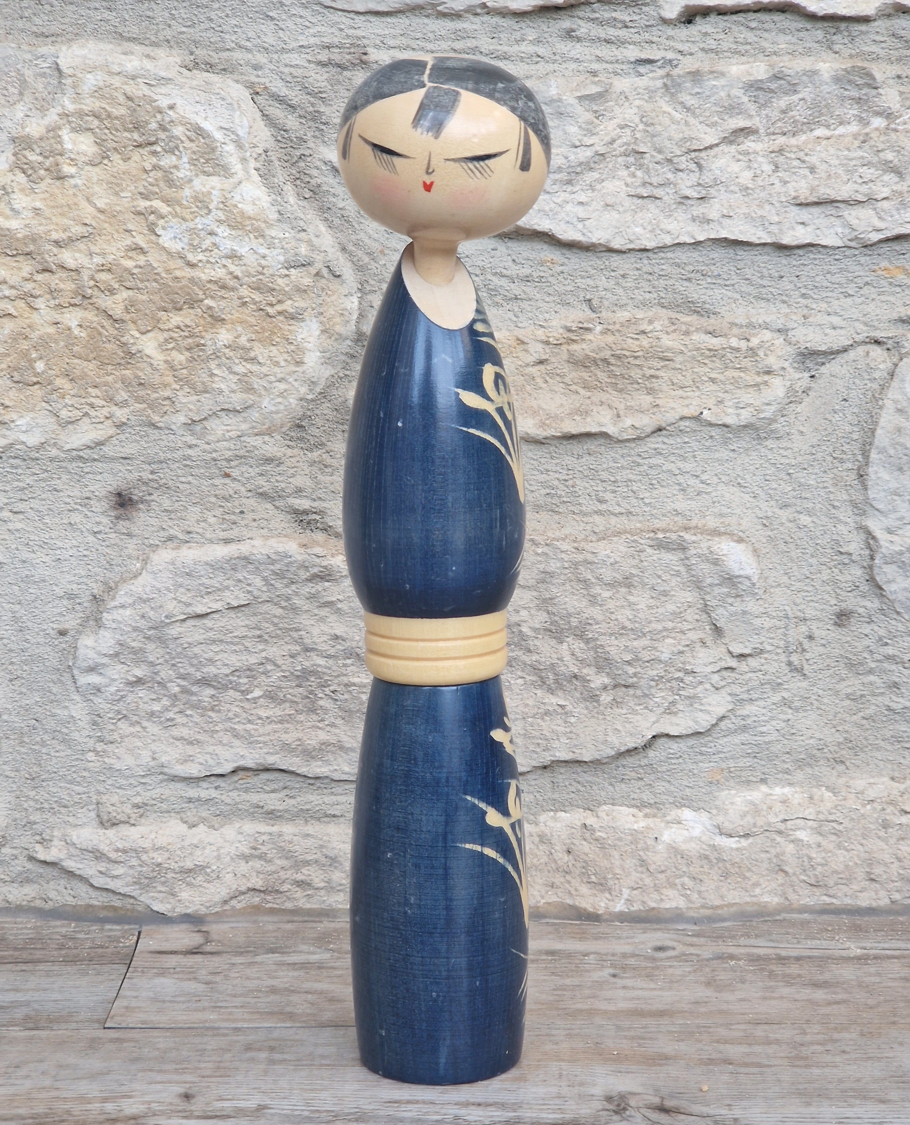 Vintage Japanese Sosaku Kokeshi Doll by Sato Suigai Signed Semishigure Blue Wooden Folk Art 25cm