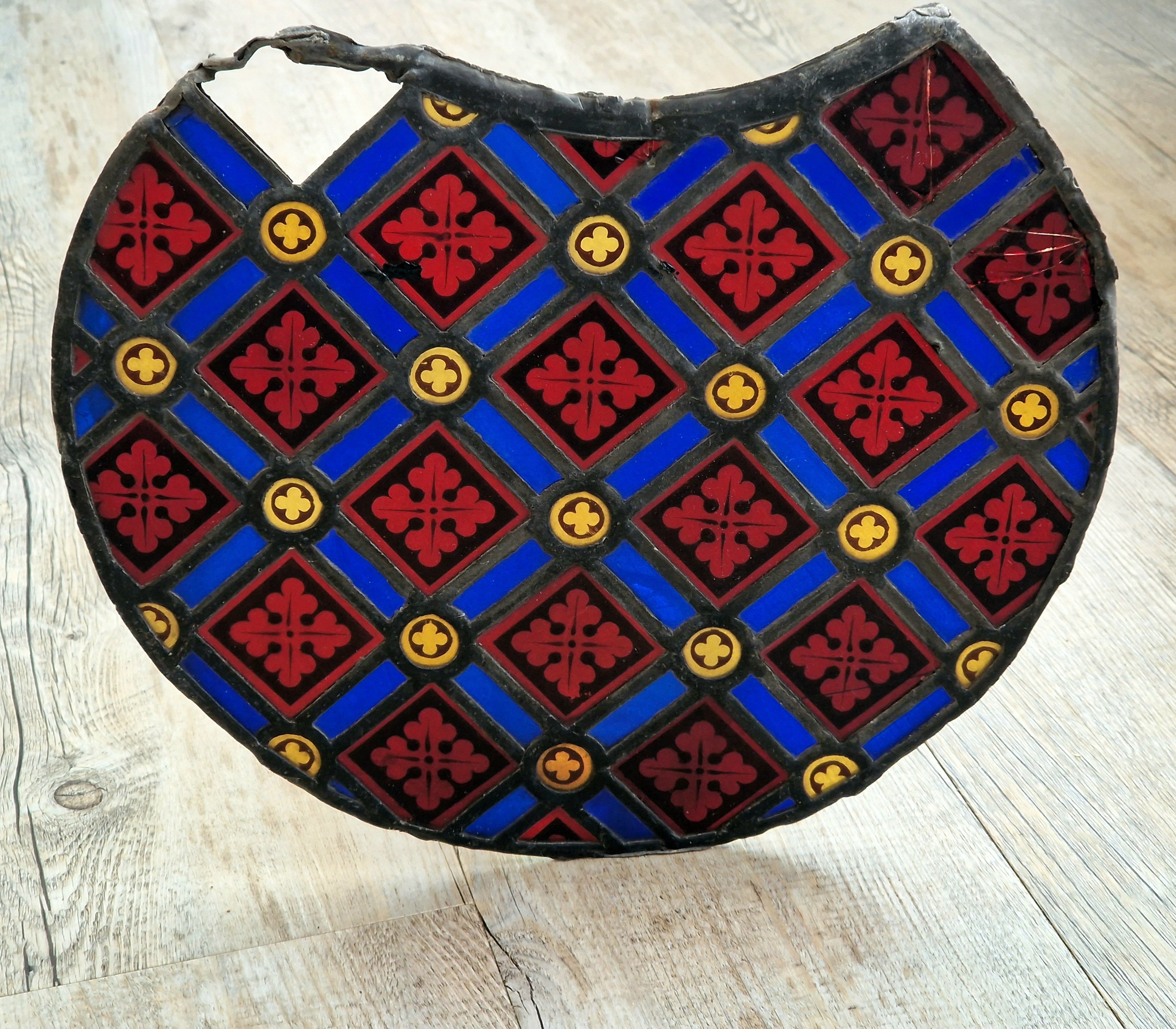 Rare Antique Early 19th Century French Gothic Revival Stained Glass Roundel Panel - Medieval Style Diaper Pattern