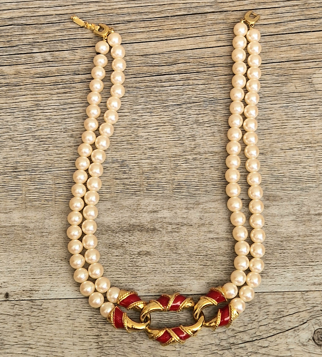 Vintage Double Strand Faux Pearl Necklace with bold gold and red enamel Statement Embellished Richelieu 40cm