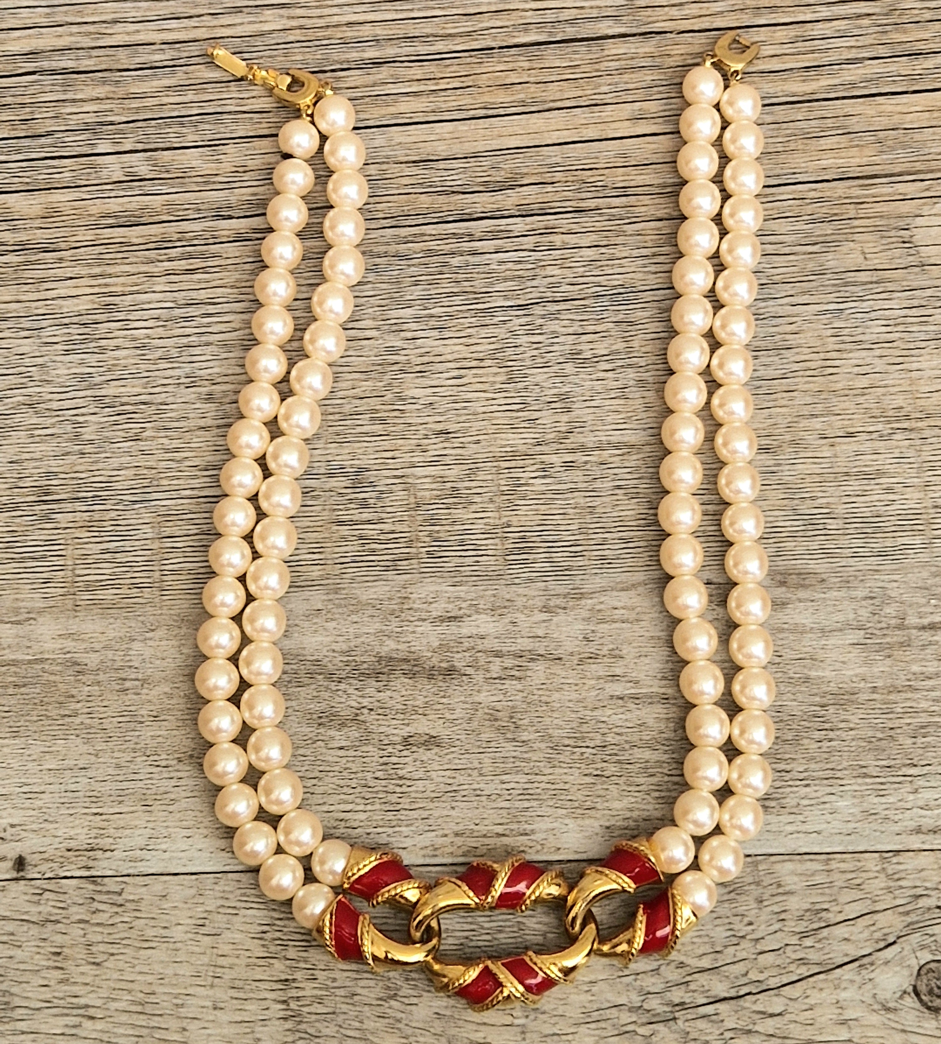 Vintage Double Strand Faux Pearl Necklace with bold gold and red enamel Statement Embellished Richelieu 40cm