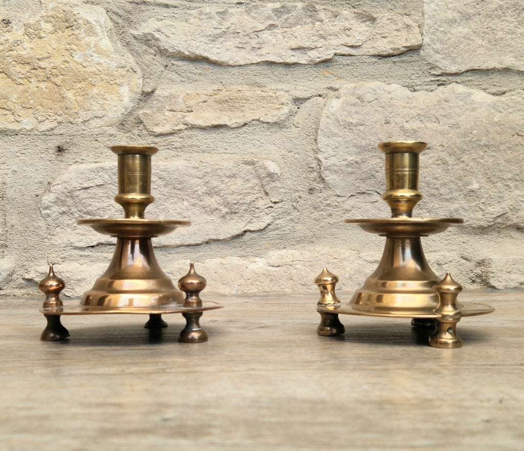 Pair of 19th Century Judin Signed Czarist Era Russian Bronzed Sabbath Bun Footed Capstan Candle Holders.