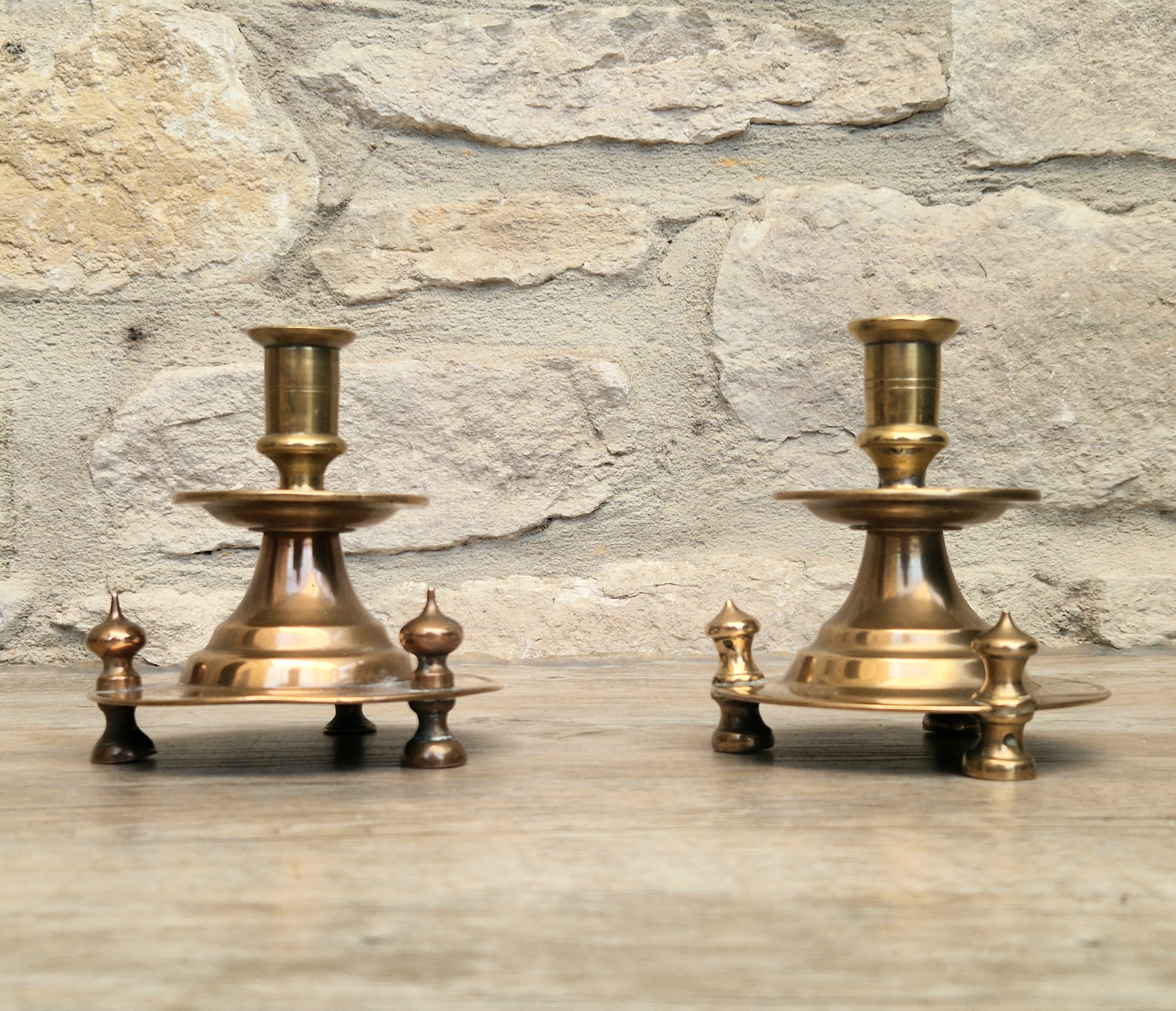 Pair of 19th Century Judin Signed Czarist Era Russian Bronzed Sabbath Bun Footed Capstan Candle Holders.