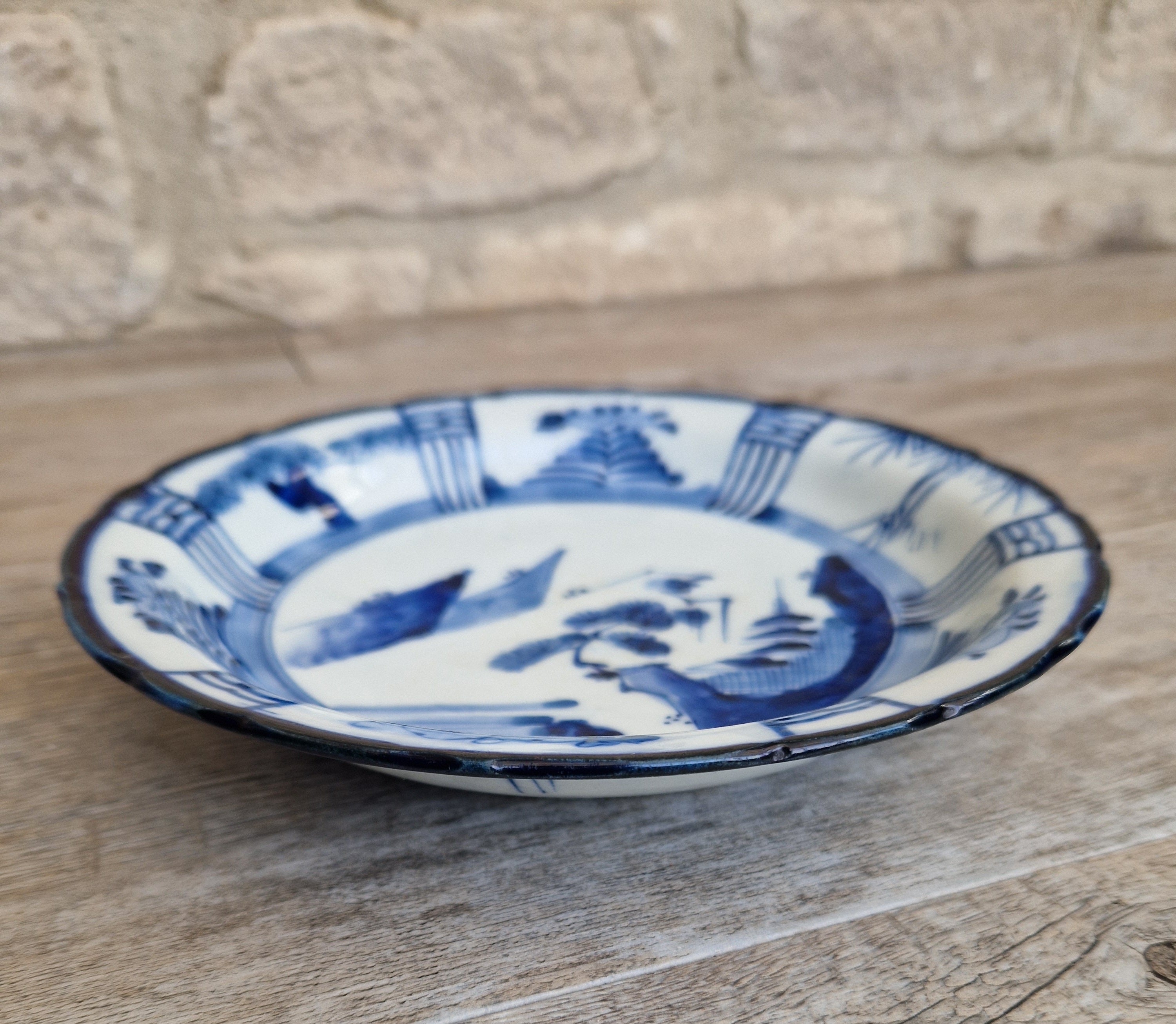 Japanese Ceramic Namasu-Zara Dish Blue & White Arita Edo 'Scholar's Retreat' Kraak Style Rare Antique