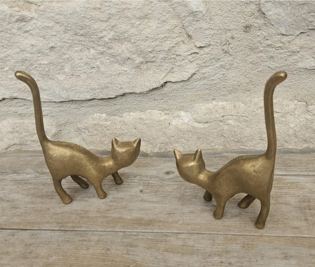Mid-Century Solid Brass Cat Figurines: Pair of Cat Ornaments
