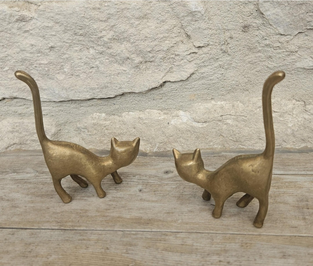 Mid-Century Solid Brass Cat Figurines: Pair of Cat Ornaments