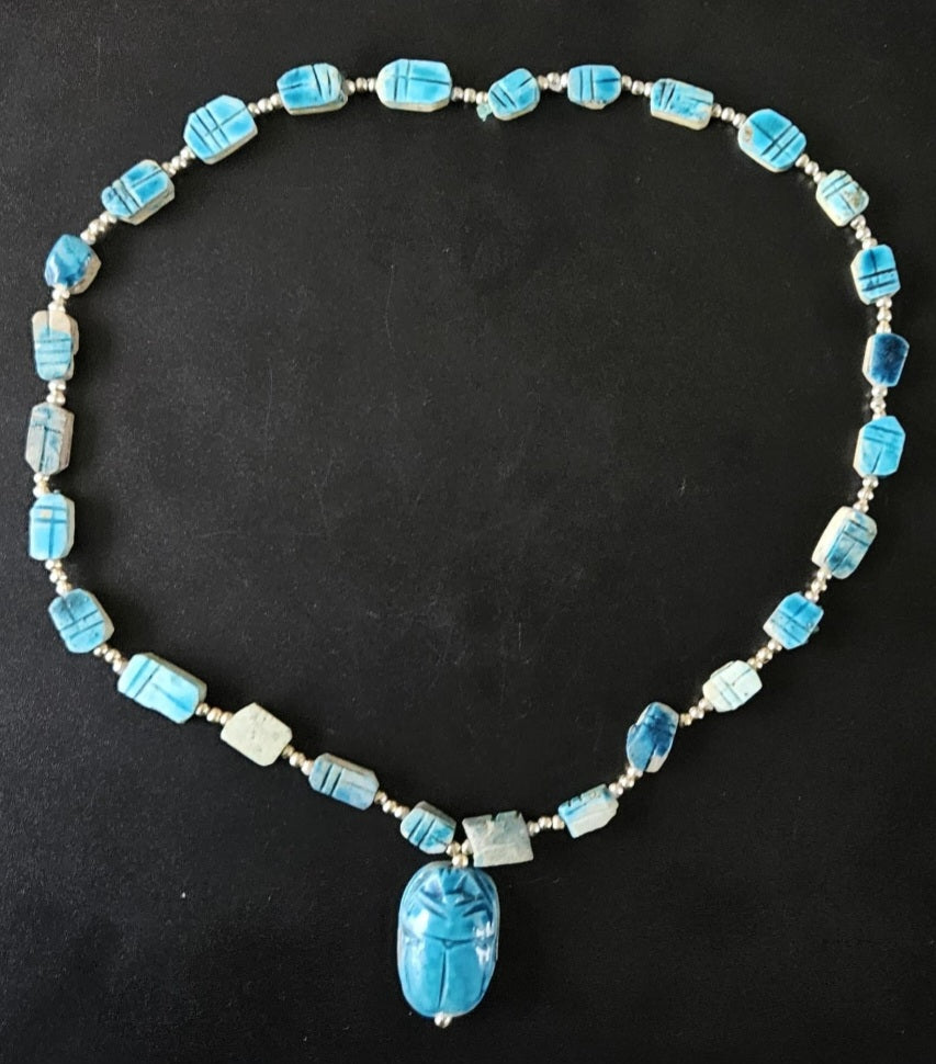 Vintage Turquoise Scarab Necklace Egyptian Revival Beaded with Pendant