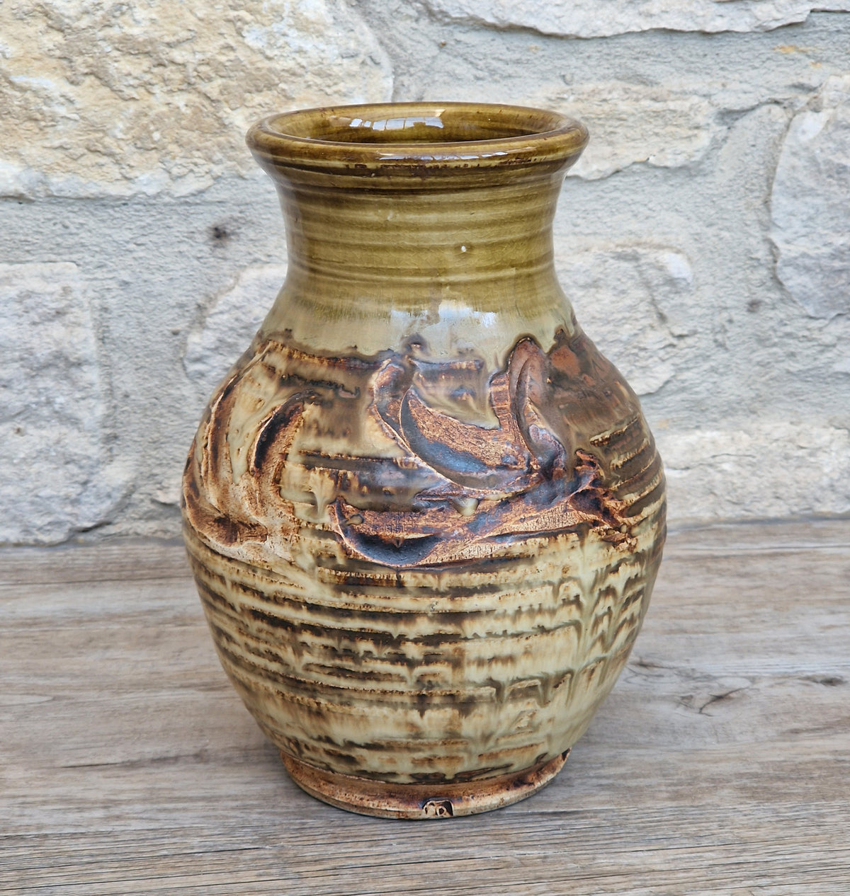 Vintage Studio Art Pottery Urn Vase Olive Green Ribbed Decoration 20cm Impressed Mark & Signed