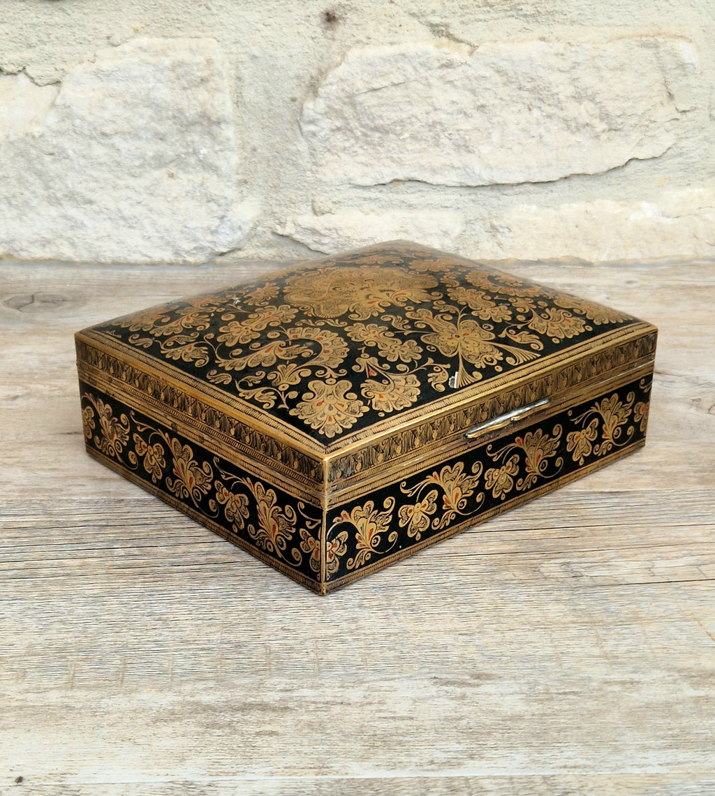 Vintage Brass Black Enamelled Large Ornate Teak-Lined Desk Cigar Box