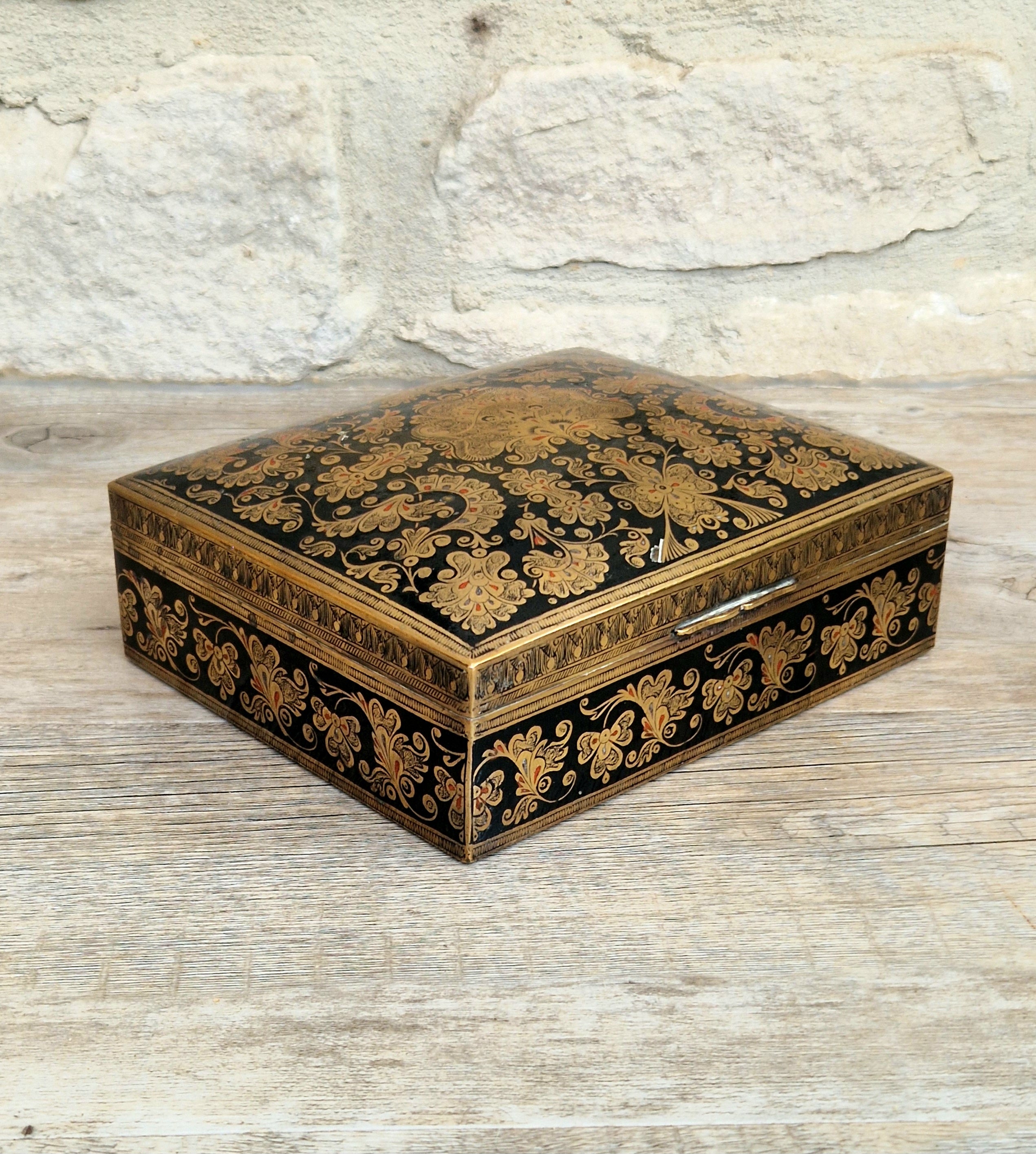 Vintage Brass Black Enamelled Large Ornate Teak-Lined Desk Cigar Box