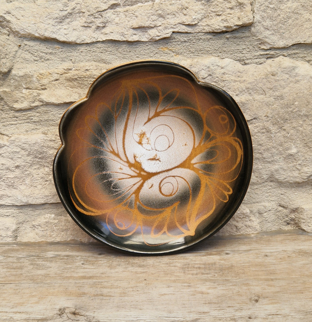 Poole Pottery Aegean "Sweetheart" Fluted Bowl Hand-Painted Stylized Butterfly Motif by Janet Brown Signed 1970s