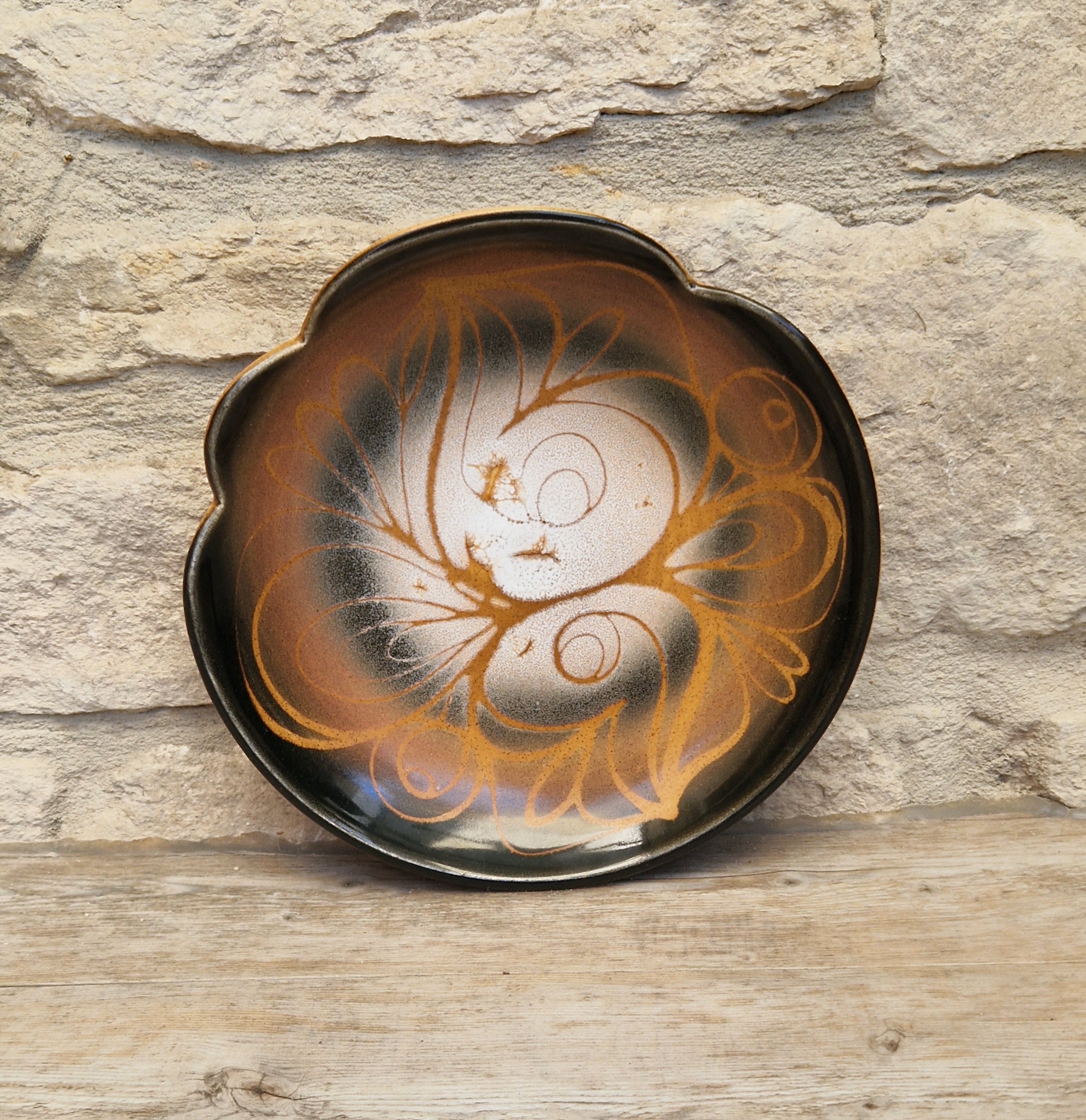 Poole Pottery Aegean "Sweetheart" Fluted Bowl Hand-Painted Stylized Butterfly Motif by Janet Brown Signed 1970s