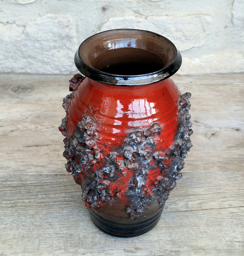Mid-Century Glit Iceland Lava Pottery Vase Red 23.5cm Volcanic Studio Ceramic