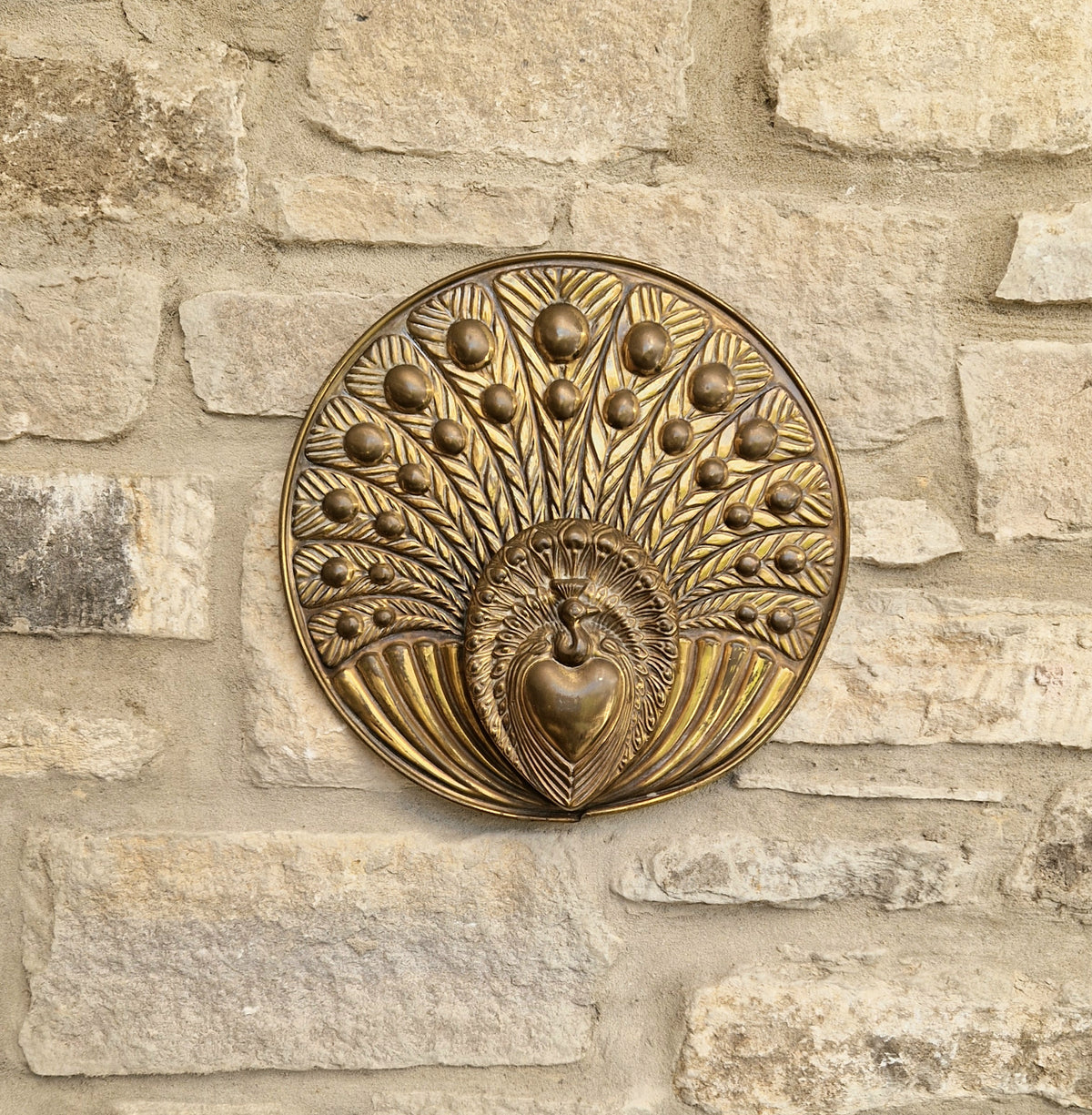 Rare Signed George Johnson Brass Peacock Wall Pocket Plaque 29cm Victorian Arts and Crafts 1880s