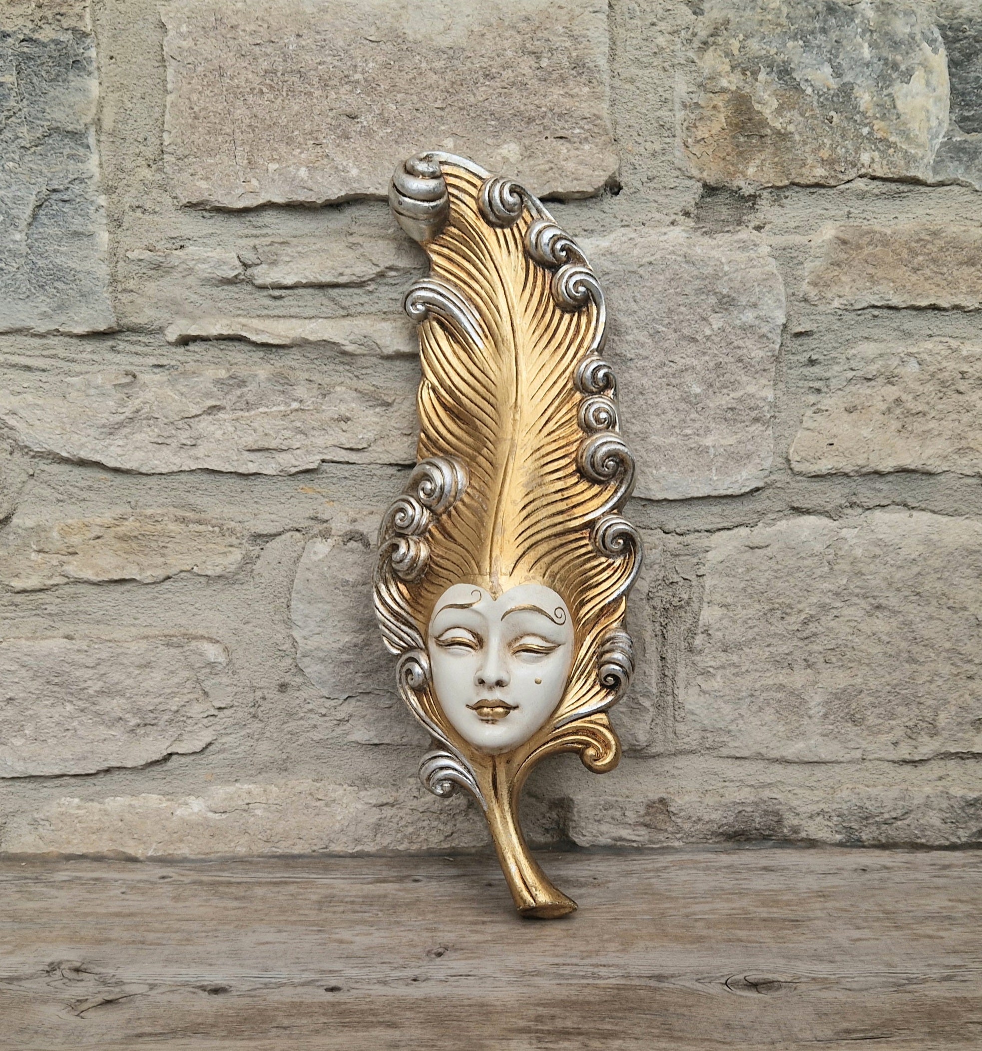 Vintage Venetian Wall Mask Feather Leaf Ceramic Gold Silver Made Italy 38cm Long