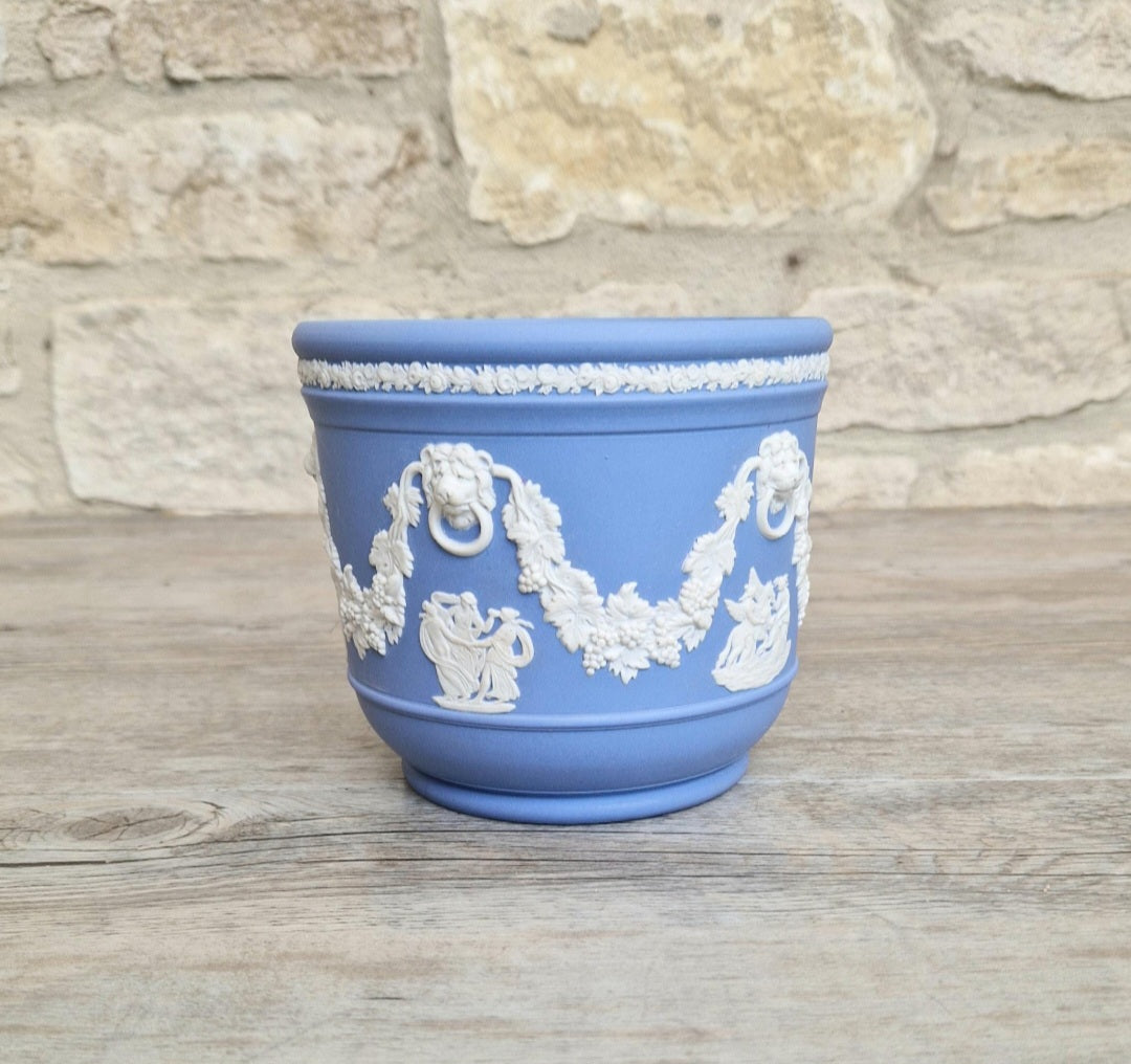Wedgwood Jasperware Blue & White Neoclassical Sprigged Cachepot Planter Vase