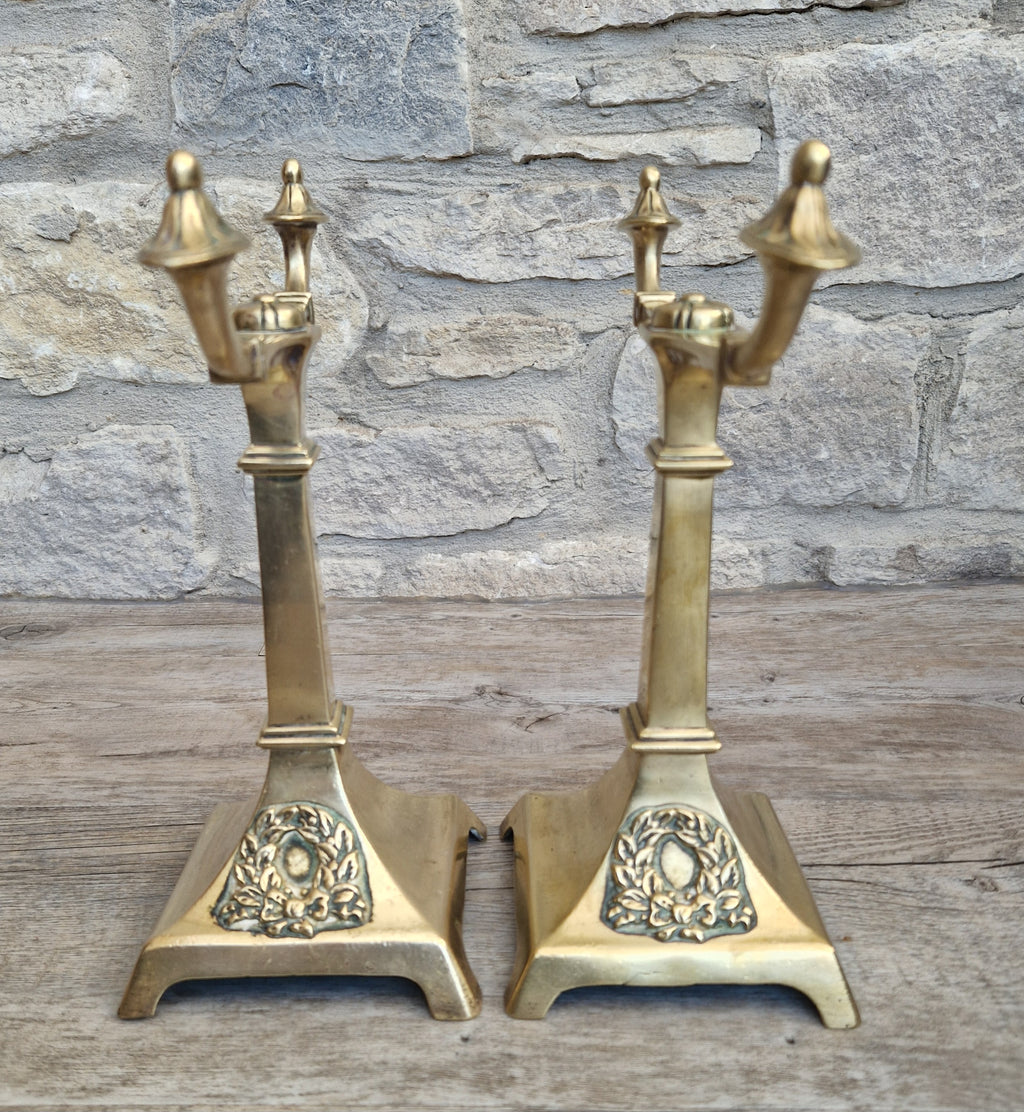 Louis XVI Revival Cast Brass Andirons Fire Dogs Wreath Relief Decoration Pair (c.1870–1900)
