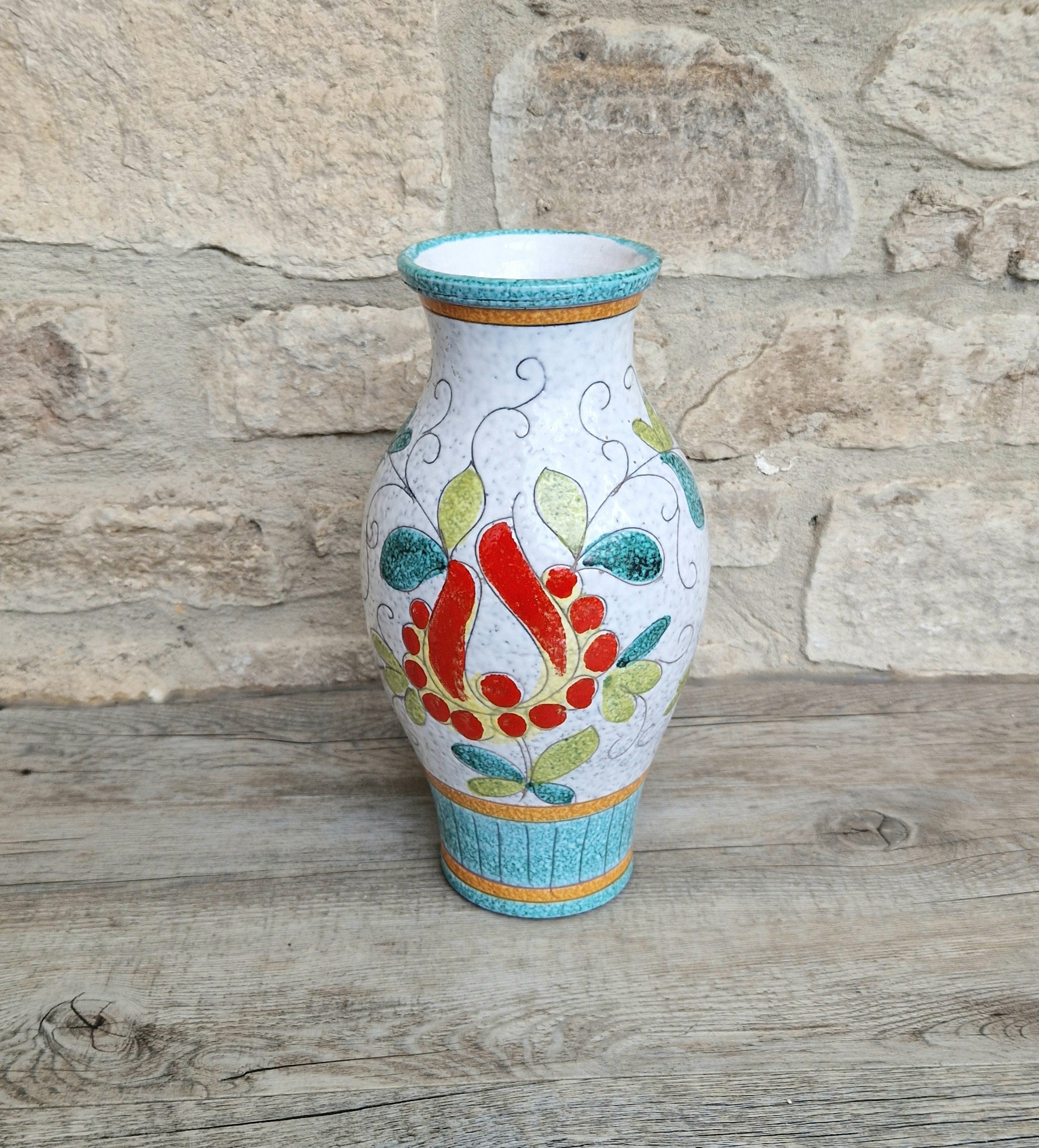 Vintage Large Italian Ceramic Floral Majolica Vase Sgraffito Technique Fratelli Fanciullacci 26cm Tall