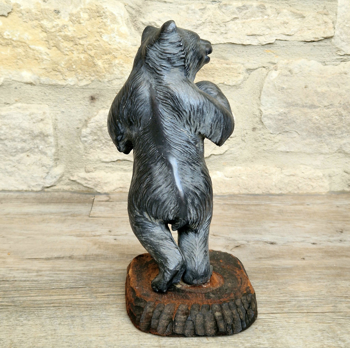 Cast Spelter Standing Bear Sculpture On Rustic Wood Base Rare Antique Art Deco