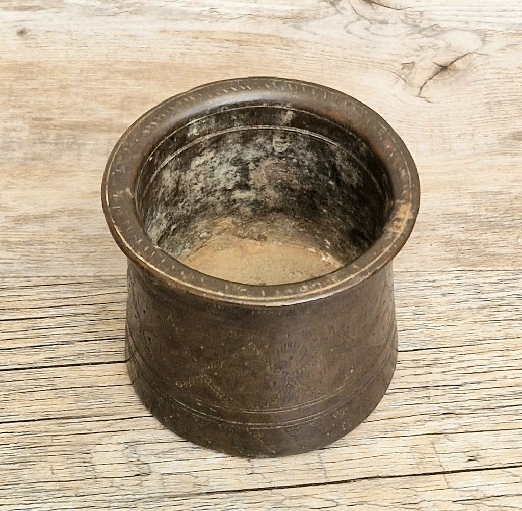 Antique 19thC Indian Bronze Panchpatra Holy Water Cup Heavy Cast Ritual Puja Pot 383g