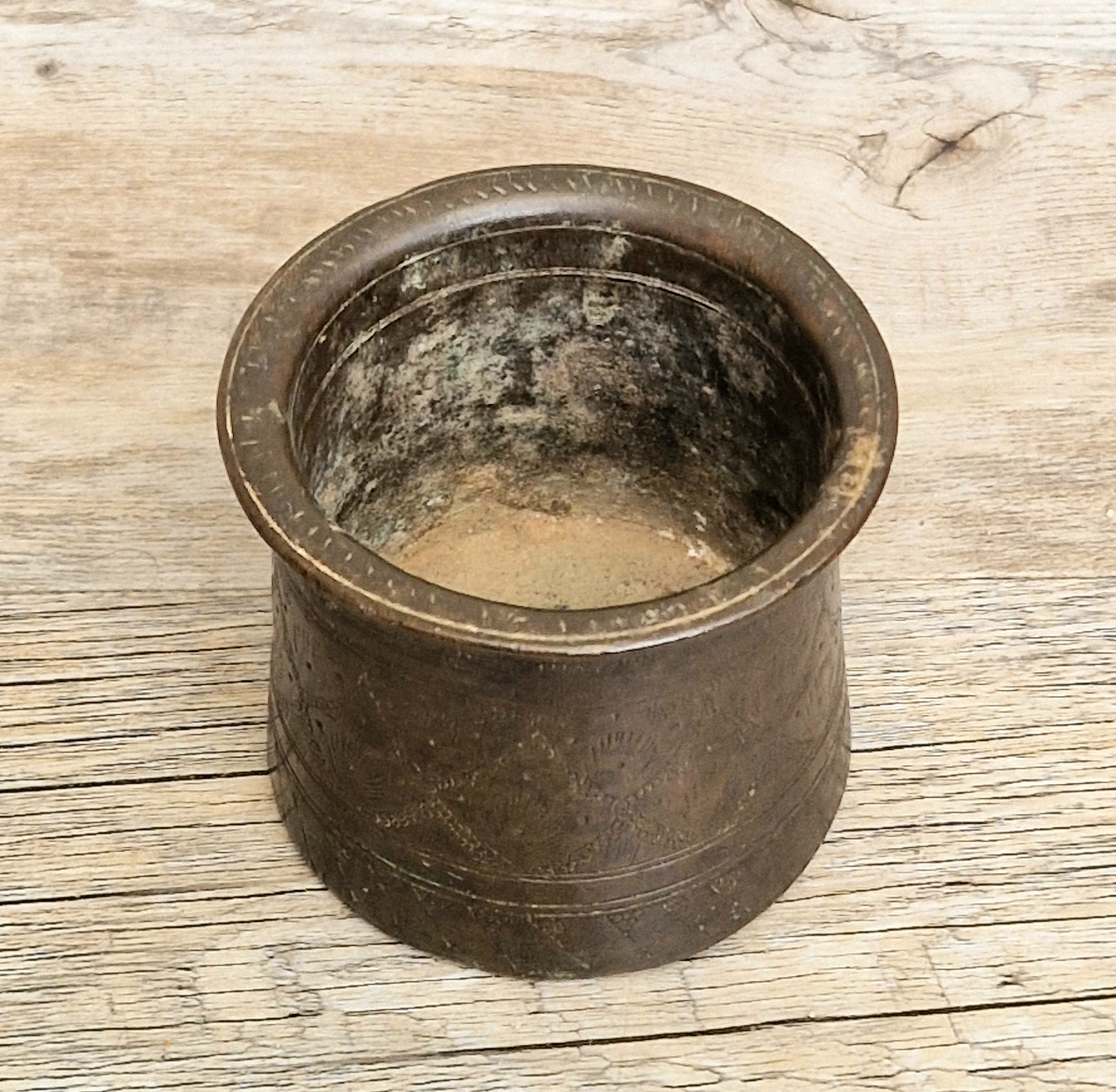 Antique 19thC Indian Bronze Panchpatra Holy Water Cup Heavy Cast Ritual Puja Pot 383g