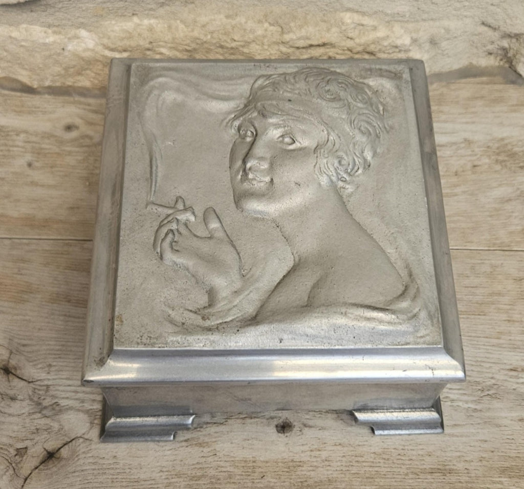 Art Nouveau Lady Aluminium Lidded Box Made in London England Stamped (1905-1924) 13.5cm Square X 6.5cm Tall Arts and Crafts Box