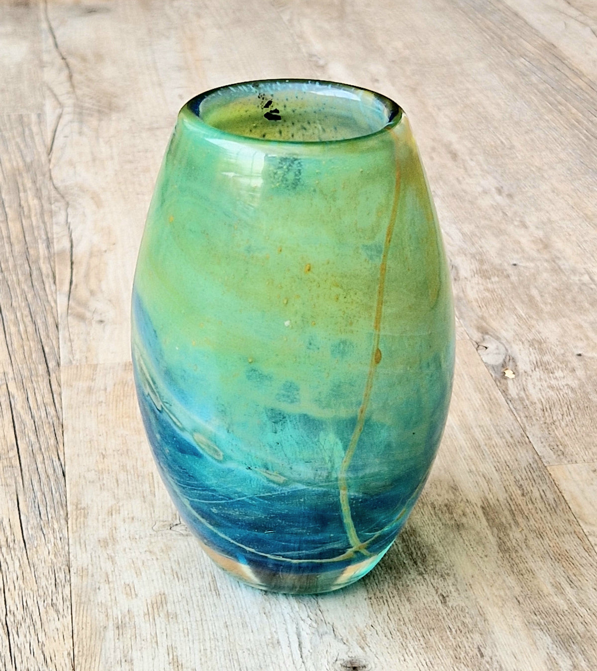 Vintage Mdina Maltese Art Glass Tiger Vase 16cm Signed Mid Century Blue Green 1kg