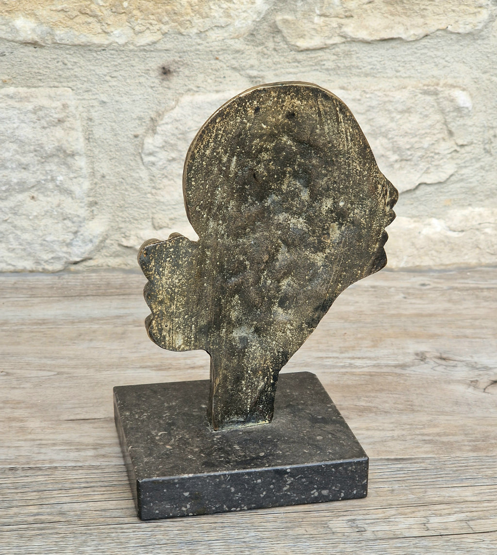 Art Deco Cast Bronze Girl's Head Profile Black Marble Mounted Desk Sculpture